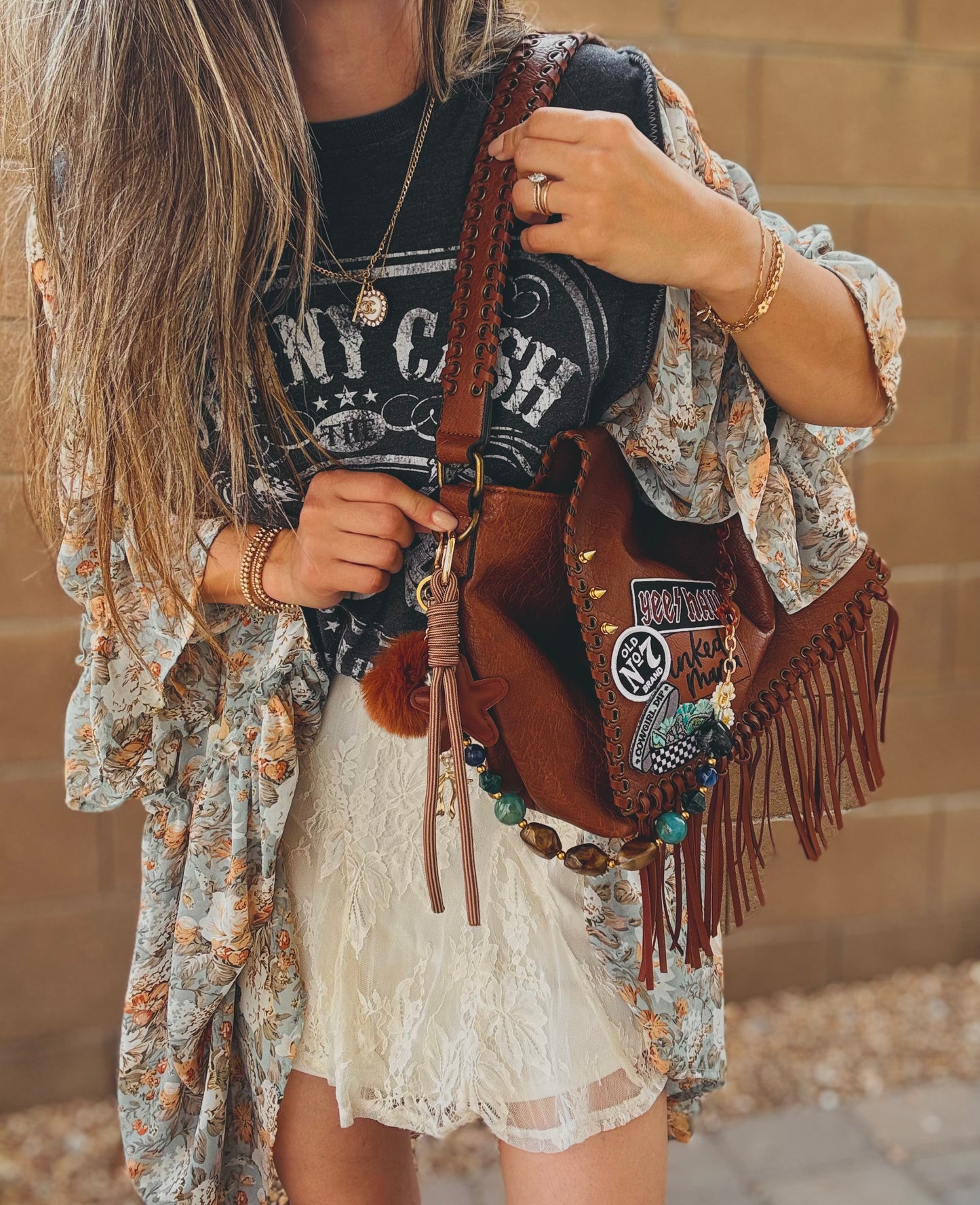 OO-yeehaw inked mama turquoise - COFFEE FRINGE crossbody strap included