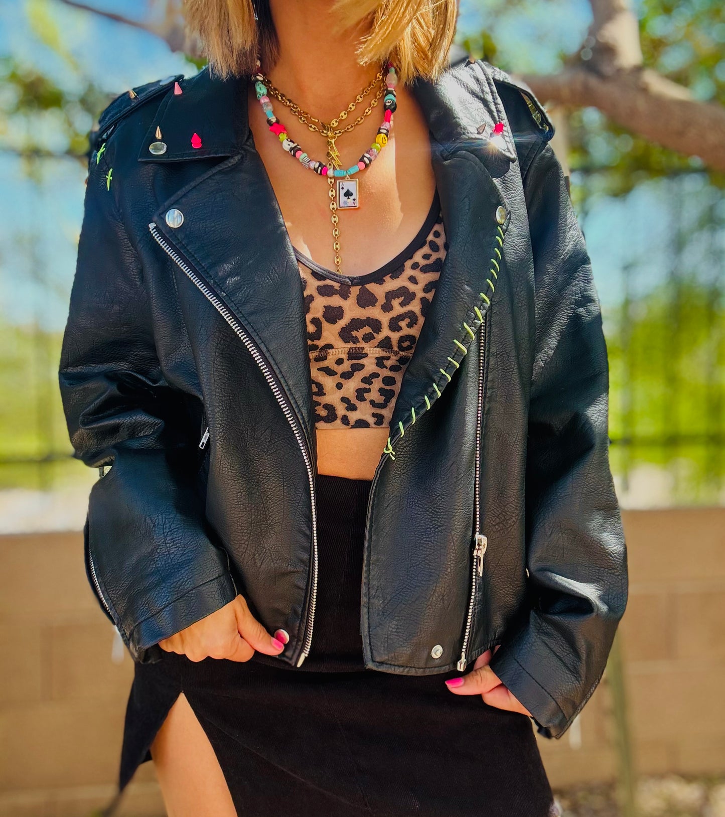 CD-neon book baddie - Size MEDIUM loose crop leather jacket