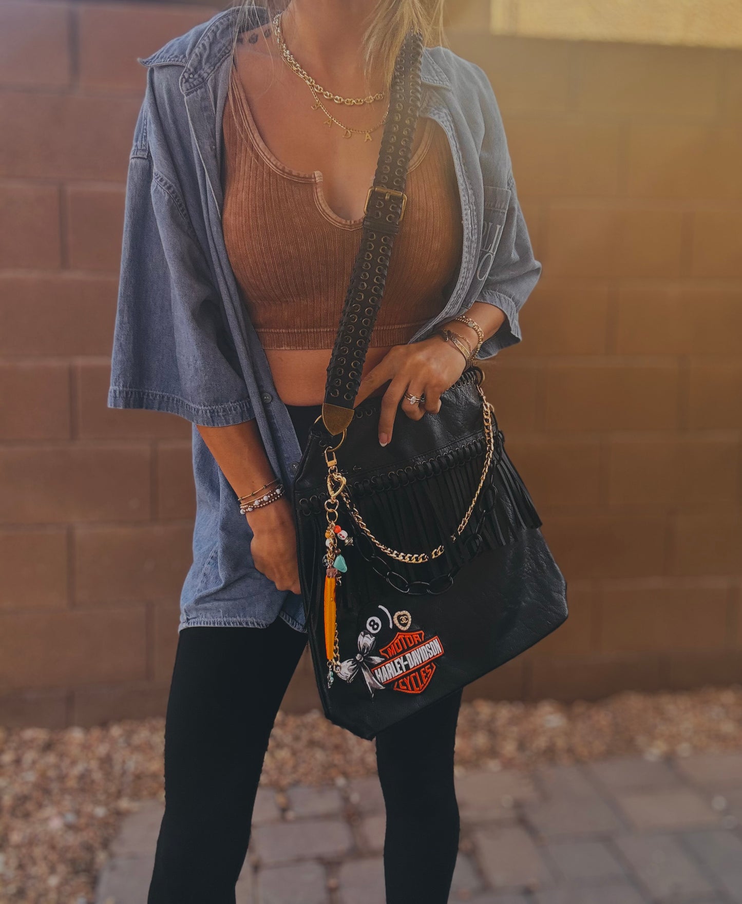 FC-bike babe+ Authentic upcycled button- handmade badass charms FRINGE +buckle CROSSBODY