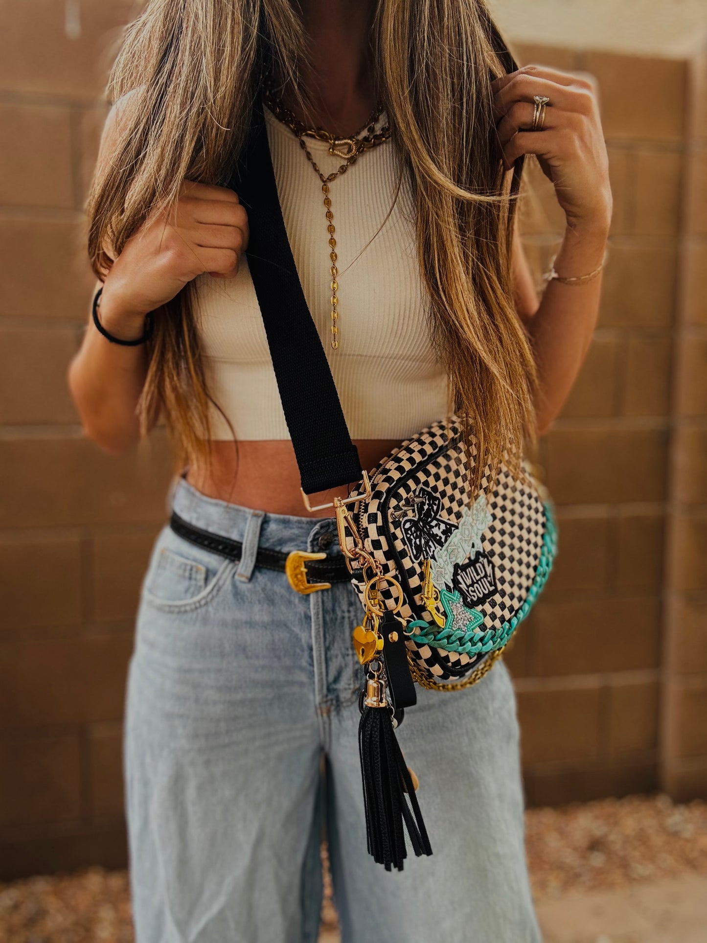 BF- upcycled vintage wrangler Teal +wild soul vintage black checkered premium OG+ PAGE BAG