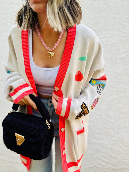 BBH-CHERRY BOMBER CARDIGAN + fueled by compliments and chaos band, babe CM CO. babes