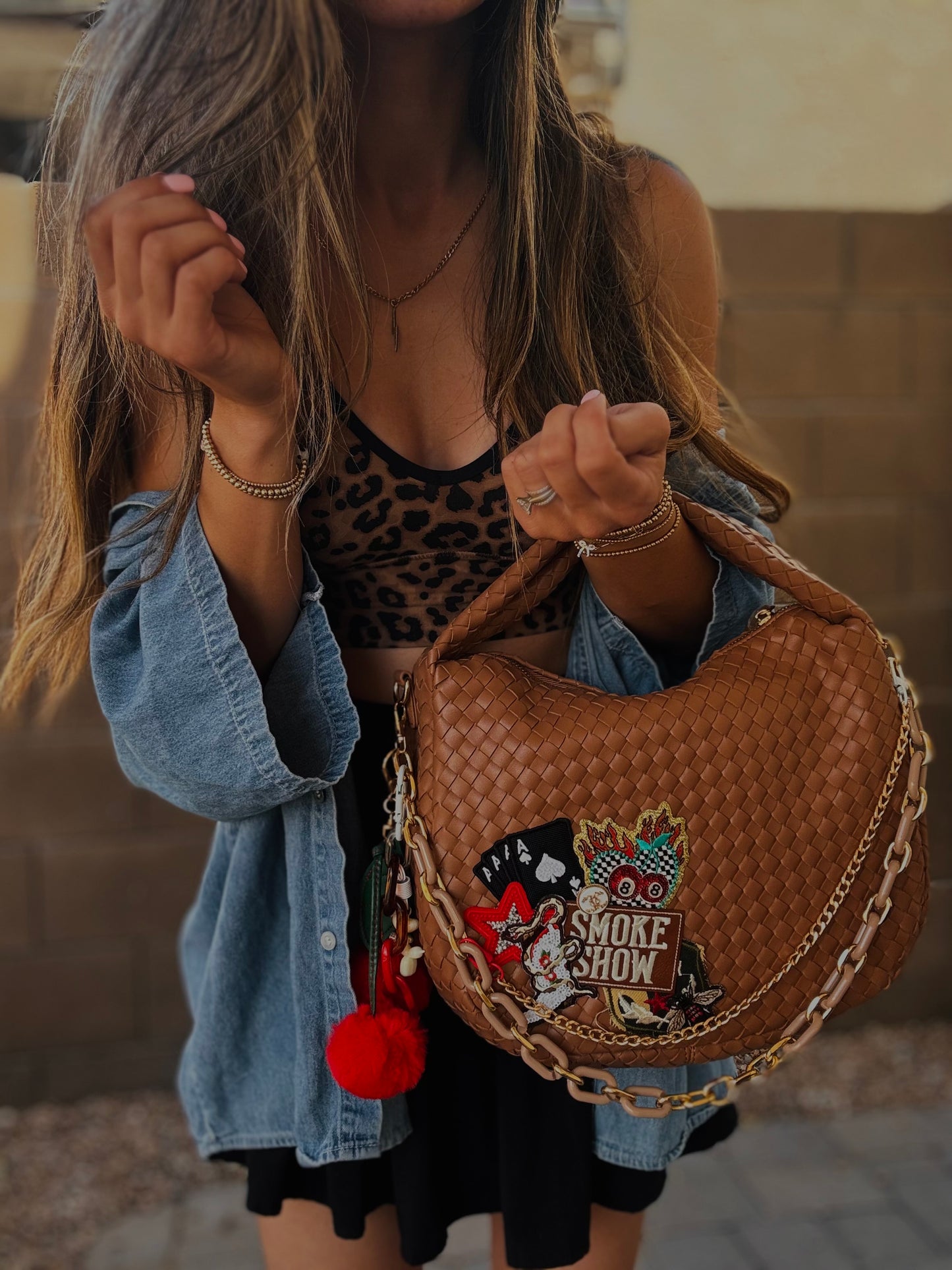 HA- vintage lux SMOKESHOW UPCYCLED CC BUTTON -brown bag *CHANDLER BAG**