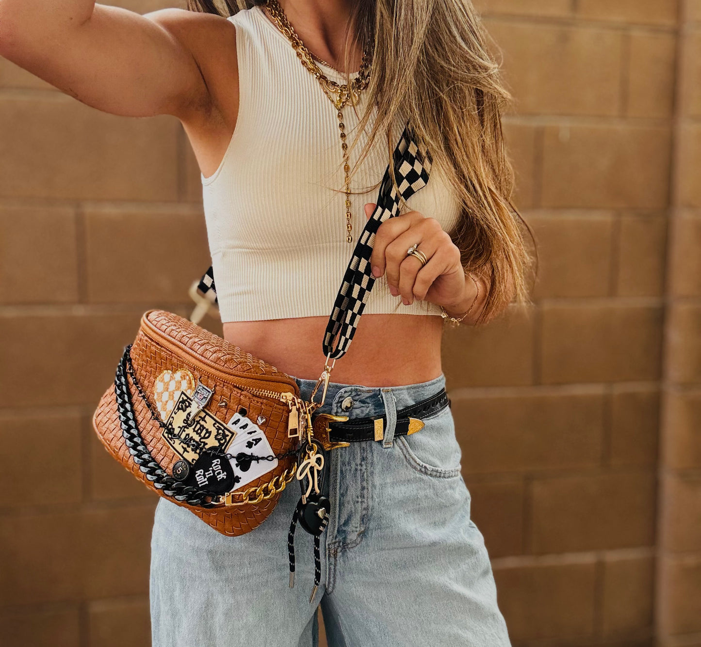 BF-Stay feral+ upcycled coco button checkered caramel OG+PHOENIX BAG