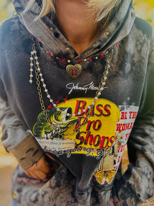 CD- NECKLACE HOODIE Edgy band babe - lace vintage wash+ Men’s unisex size XS runs big like a S/M - Cut off bottom band hem