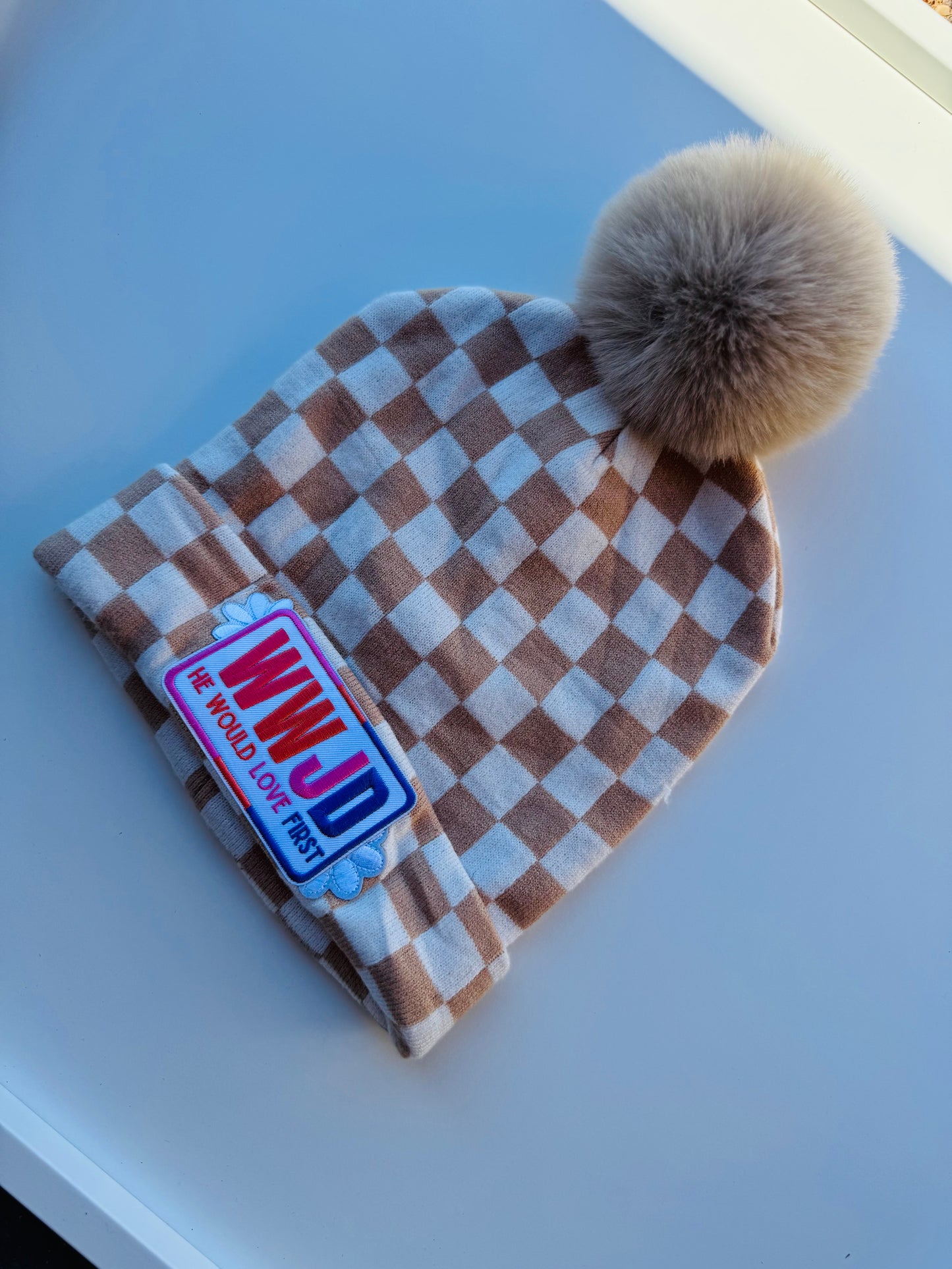 Bfs- tan checkered beanie WWJD