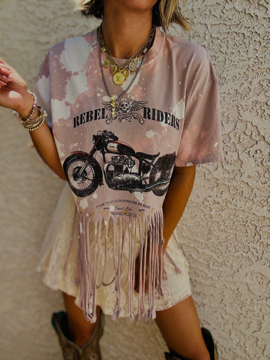 TEE-let them know bike babe - DAD TEE MENS MEDIUM handmade fringe