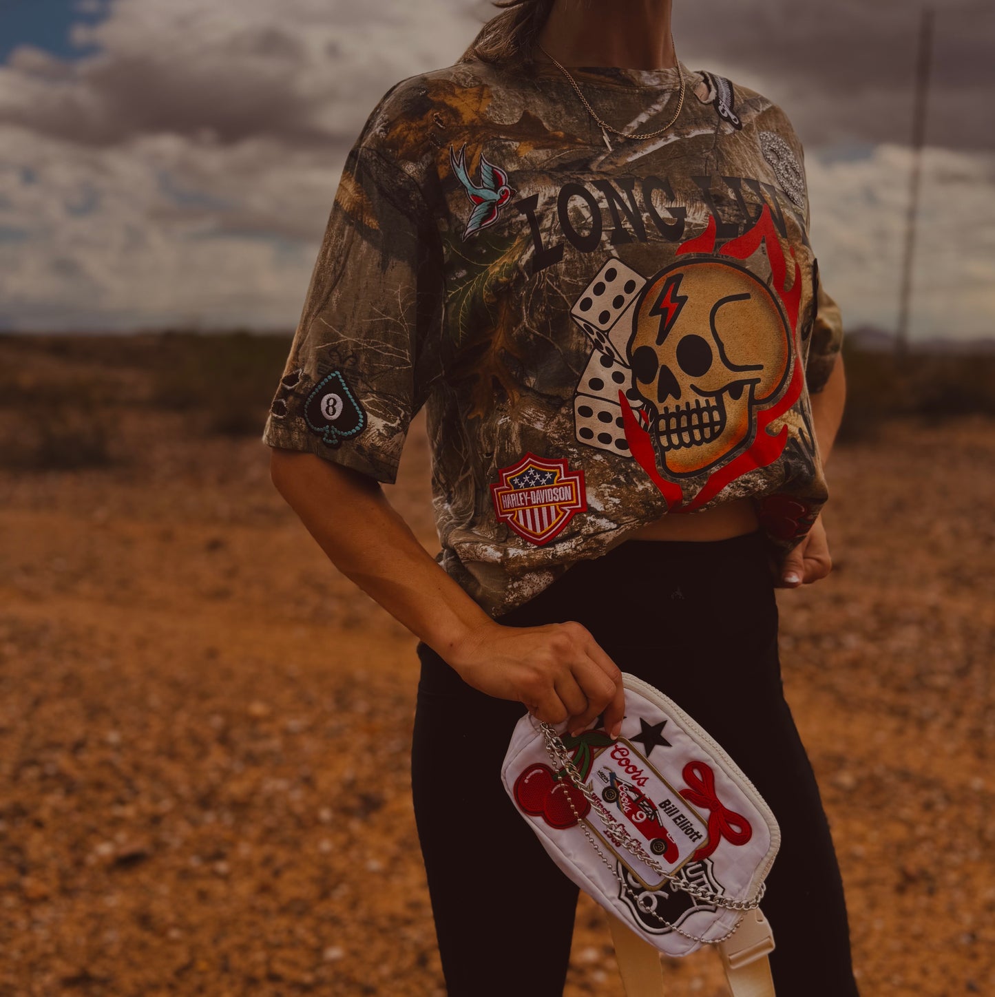 VT- LONG LIVE RAD WOMEN rhinestone skull bike babe patches - REALTREE CAMO TSHIRT