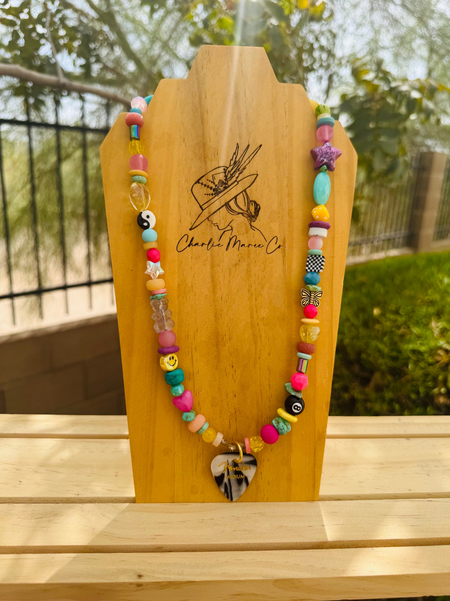 NC-guitar pick zebra whimsical +Handmade chunky beaded necklace