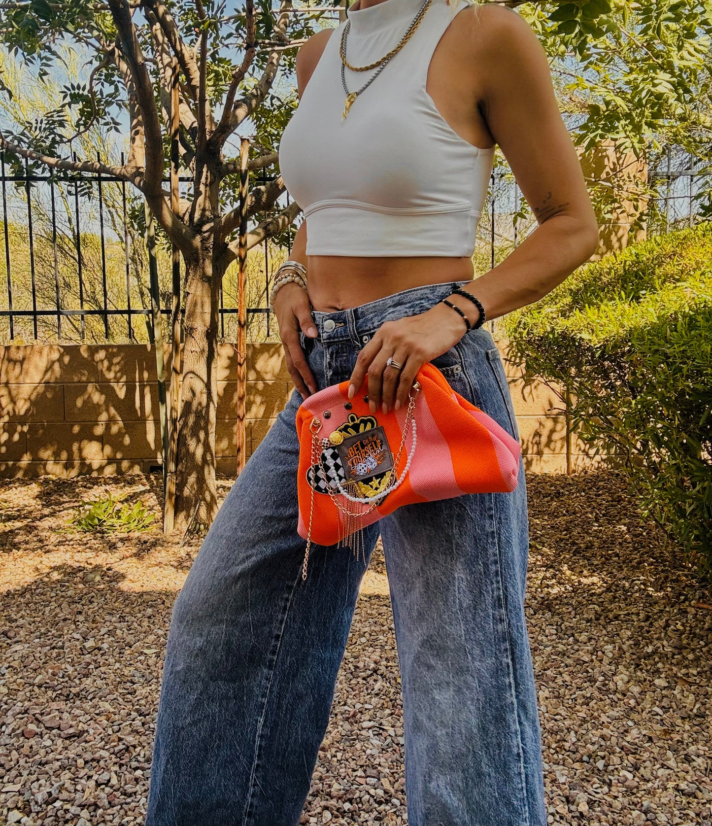 UM- BET ON YOURSELF PINK AND ORANGE STRIPES +** LIZZIE KISS CLUTCH**