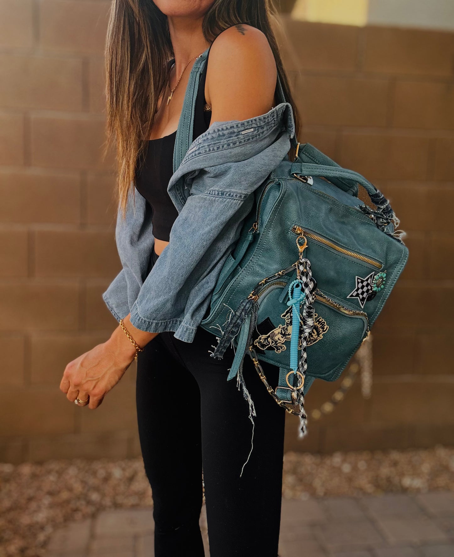 HA- bronco yeehaw upcycled COCO & buffalo coin BUTTONS -steel blue *PAYSON BAG**