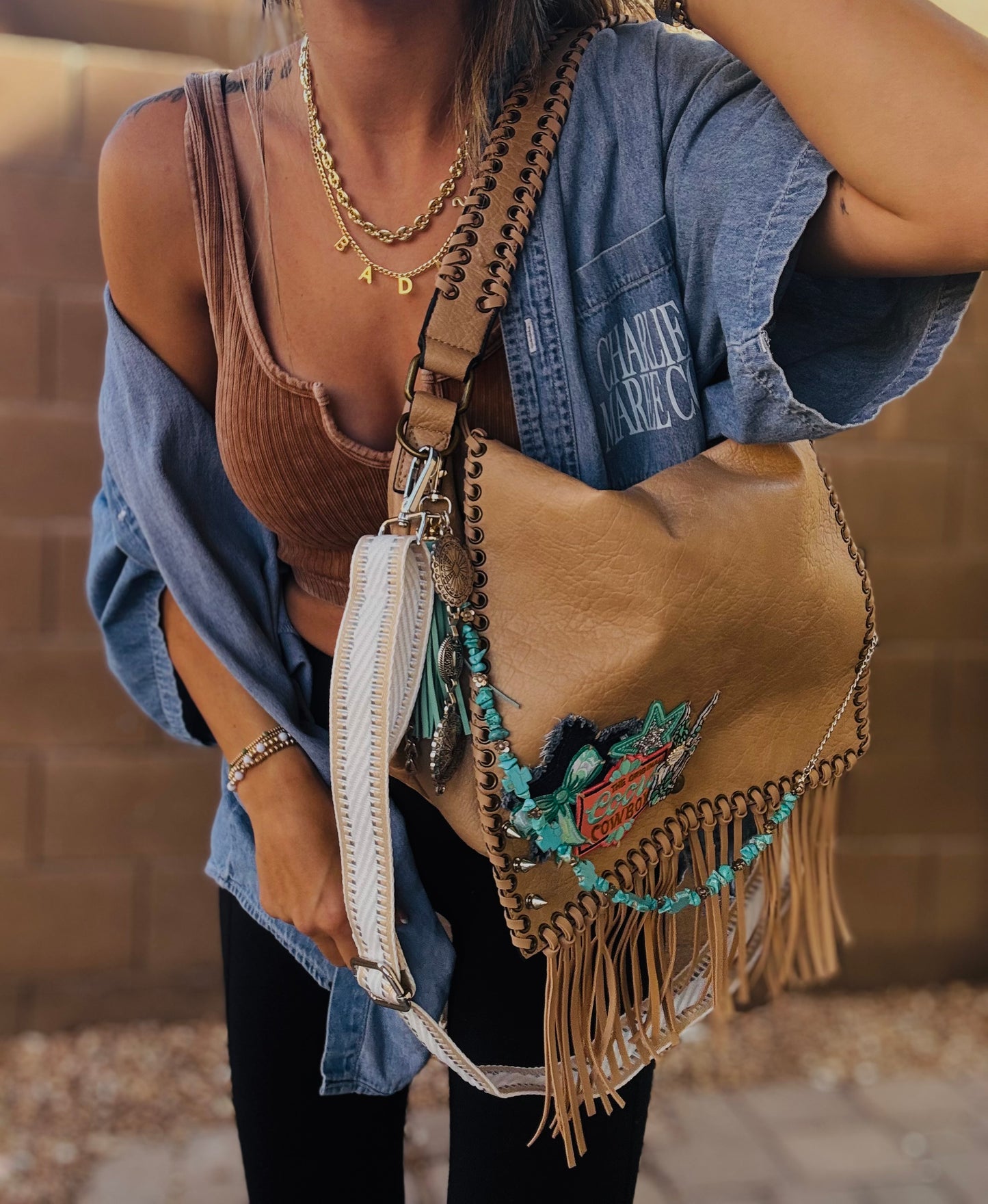 FC-turquoise and denim rodeo babe+ AUTHENTIC UPCYCLED BUTTON- crossbody strap included** The Jerome**