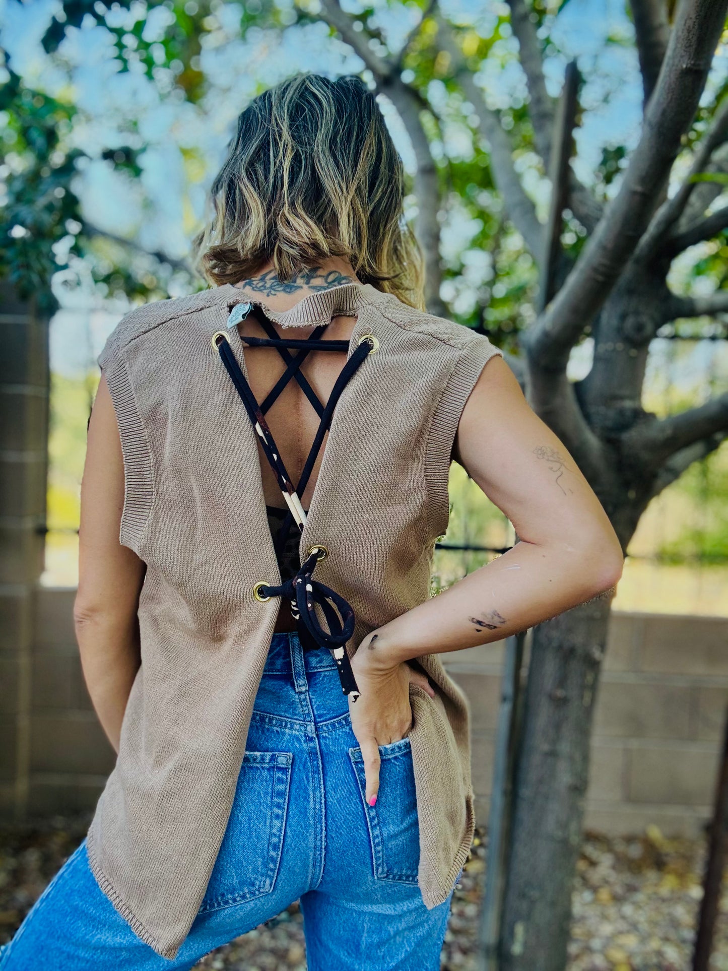 23-ROCK Band DAD SWEATER VEST- Reimagined with OPEN BACK and Cut hem- MENS MEDIUM loose open back fit