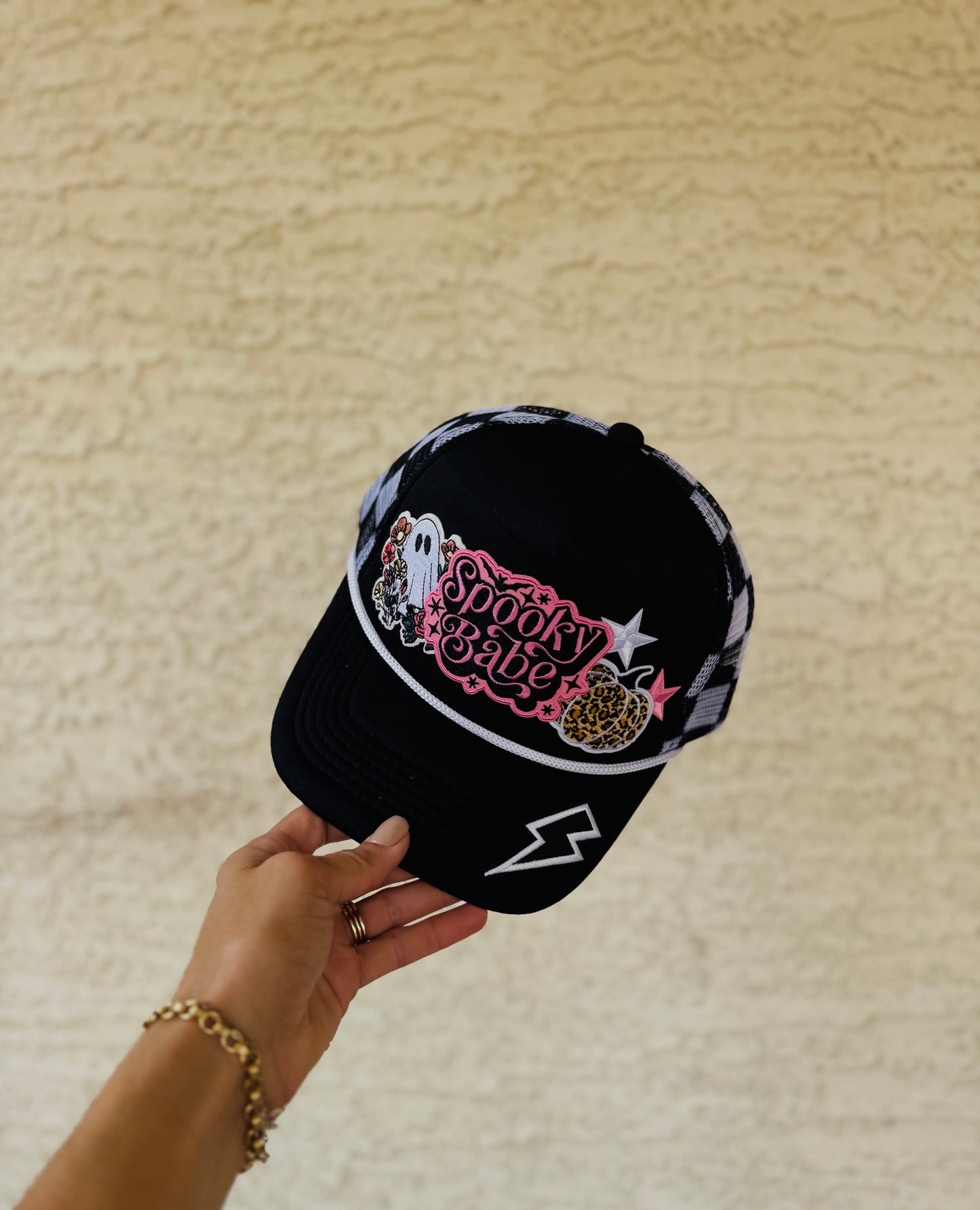 BOO-SPOOKY BABE PINK GHOSTIE floral and cheetah - checkered foam snapback