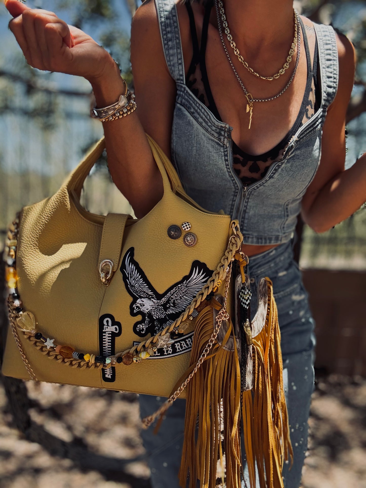 RG- GOLDEN SUN REAL IS RARE EAGLE - HANDMADE BEAX CHAIN + HANDMADE GENUINE COWHIDE BAG CHARM+ TUCSON ** multi straps