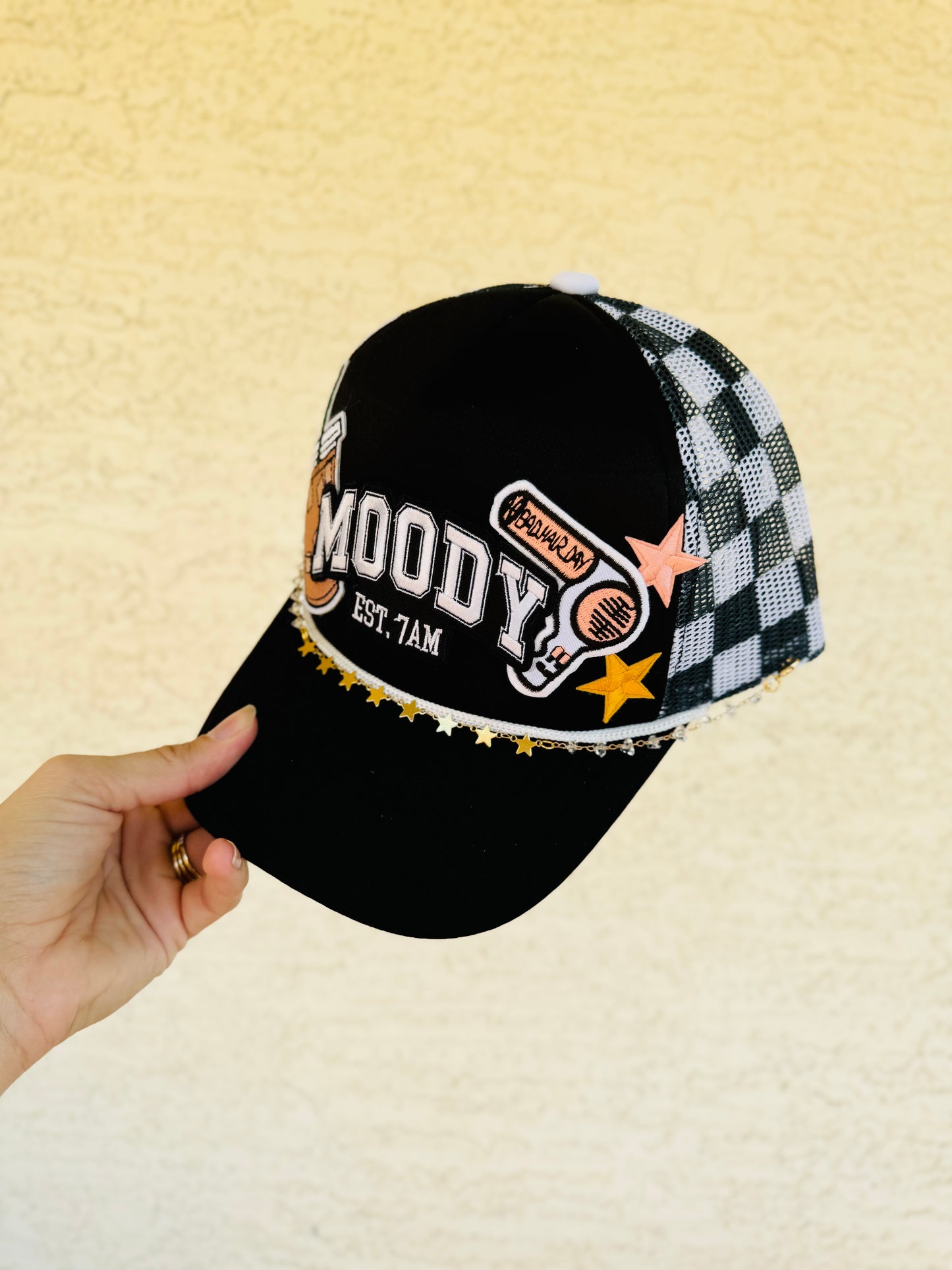 Moody bad hair day checkered trucker