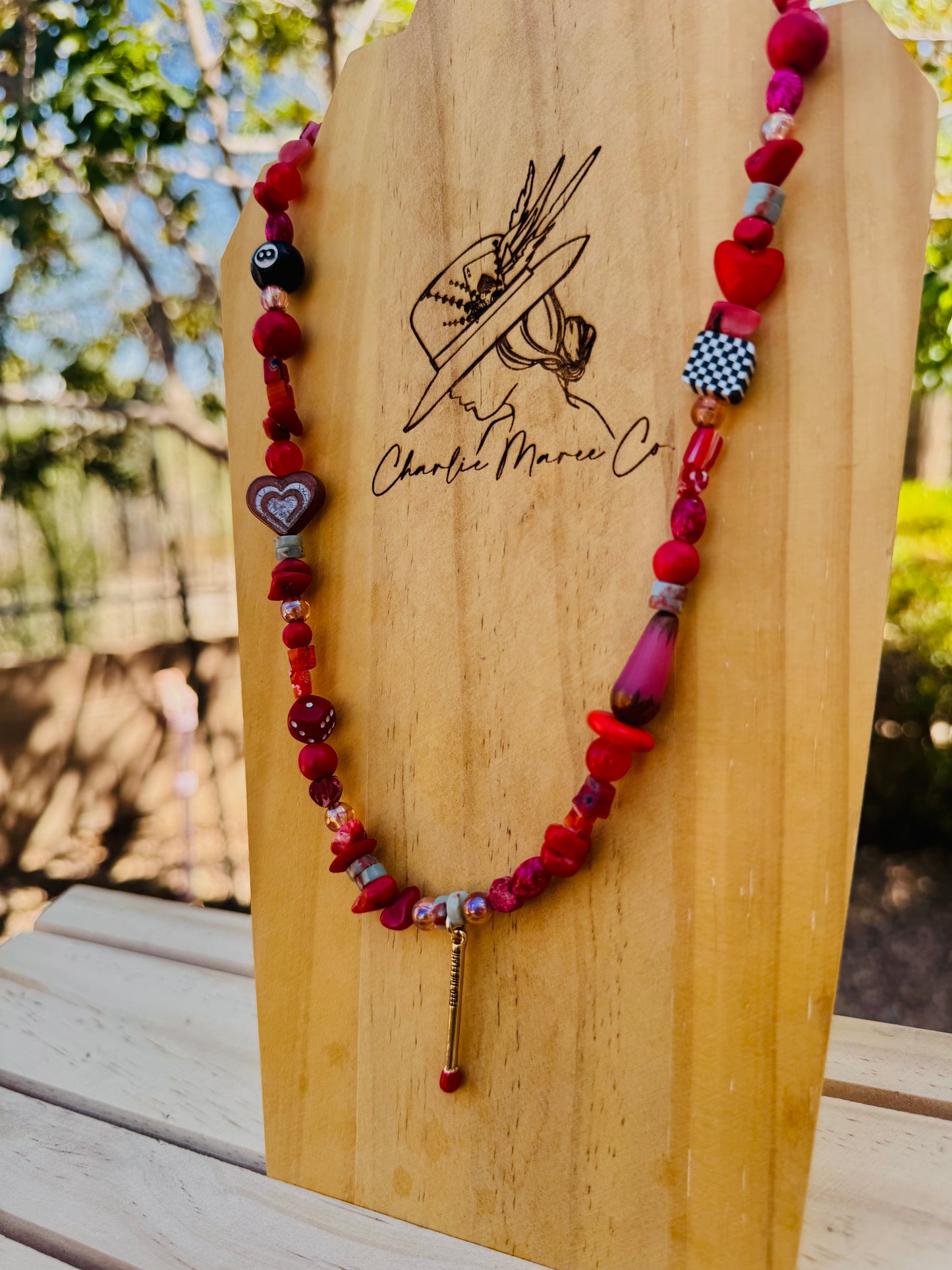 NC-red match feed the flame+Handmade chunky beaded necklace