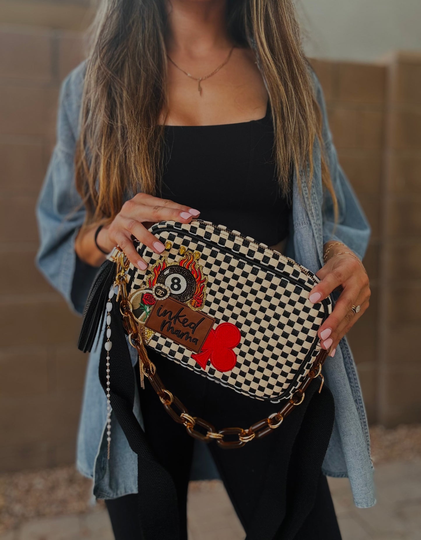 HA- inked mama UPCYCLED CC BUTTON LUX- black checkered OG *Page Bag*