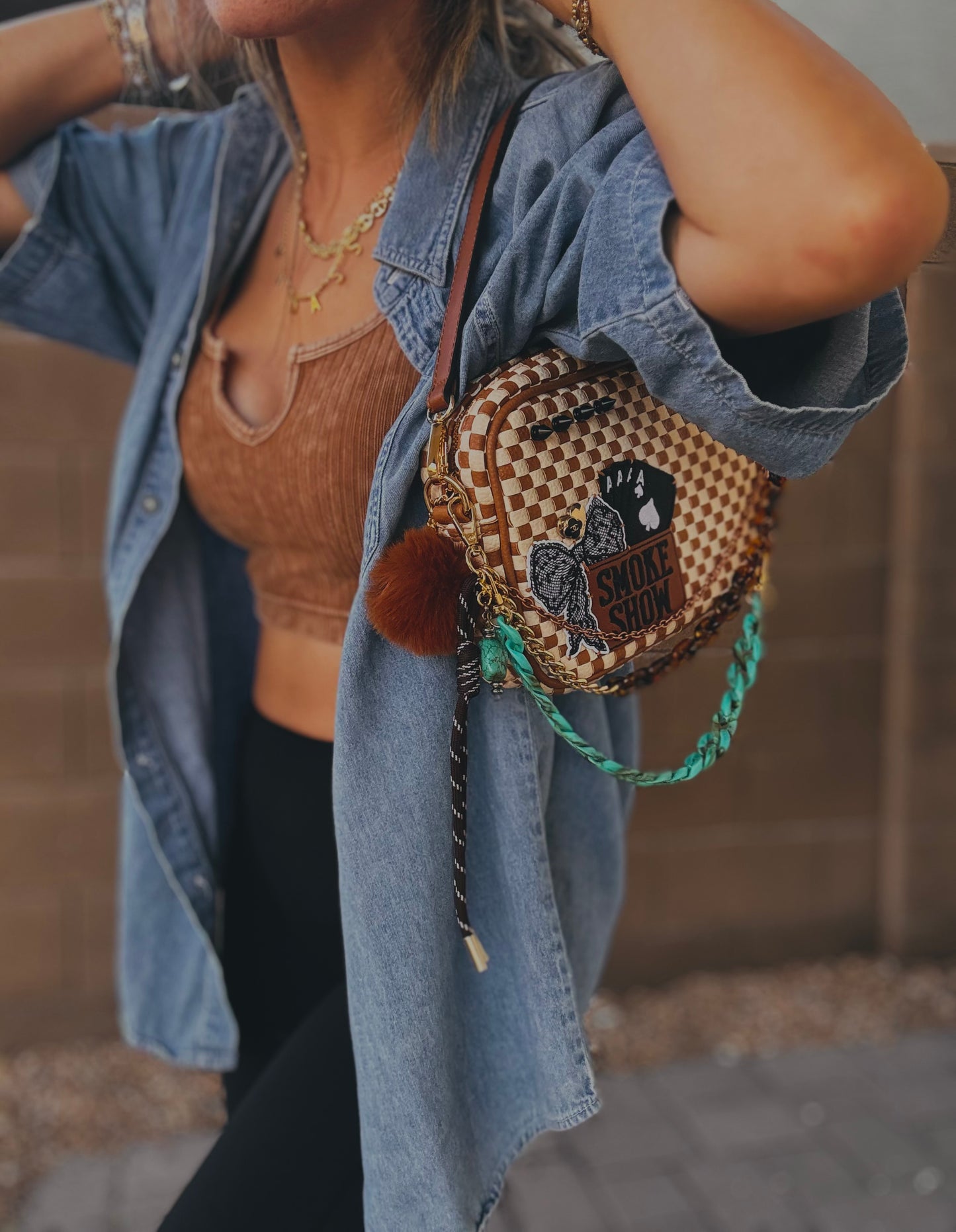 FC-Smoke show UPCYCLED AUTHENTIC BUTTON-tan checkered OG *Page Bag* Dual straps