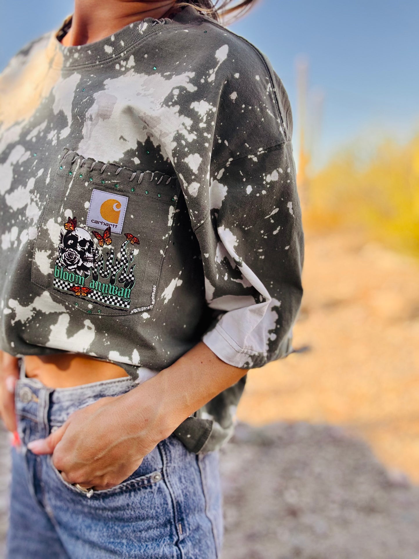 HD-bloom anyway butterfly skulls - sage green- DISTRESSED POCKET SHIRT - MENS MEDIUM CUT