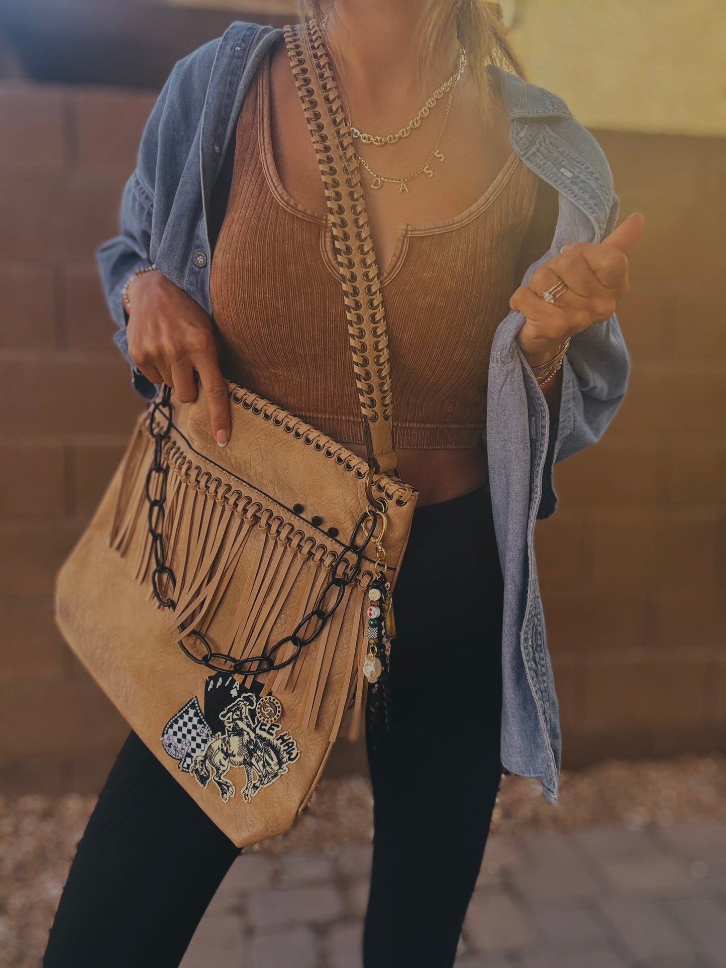 FC-buckin babe + Authentic upcycled button- FRINGE +buckle CROSSBODY