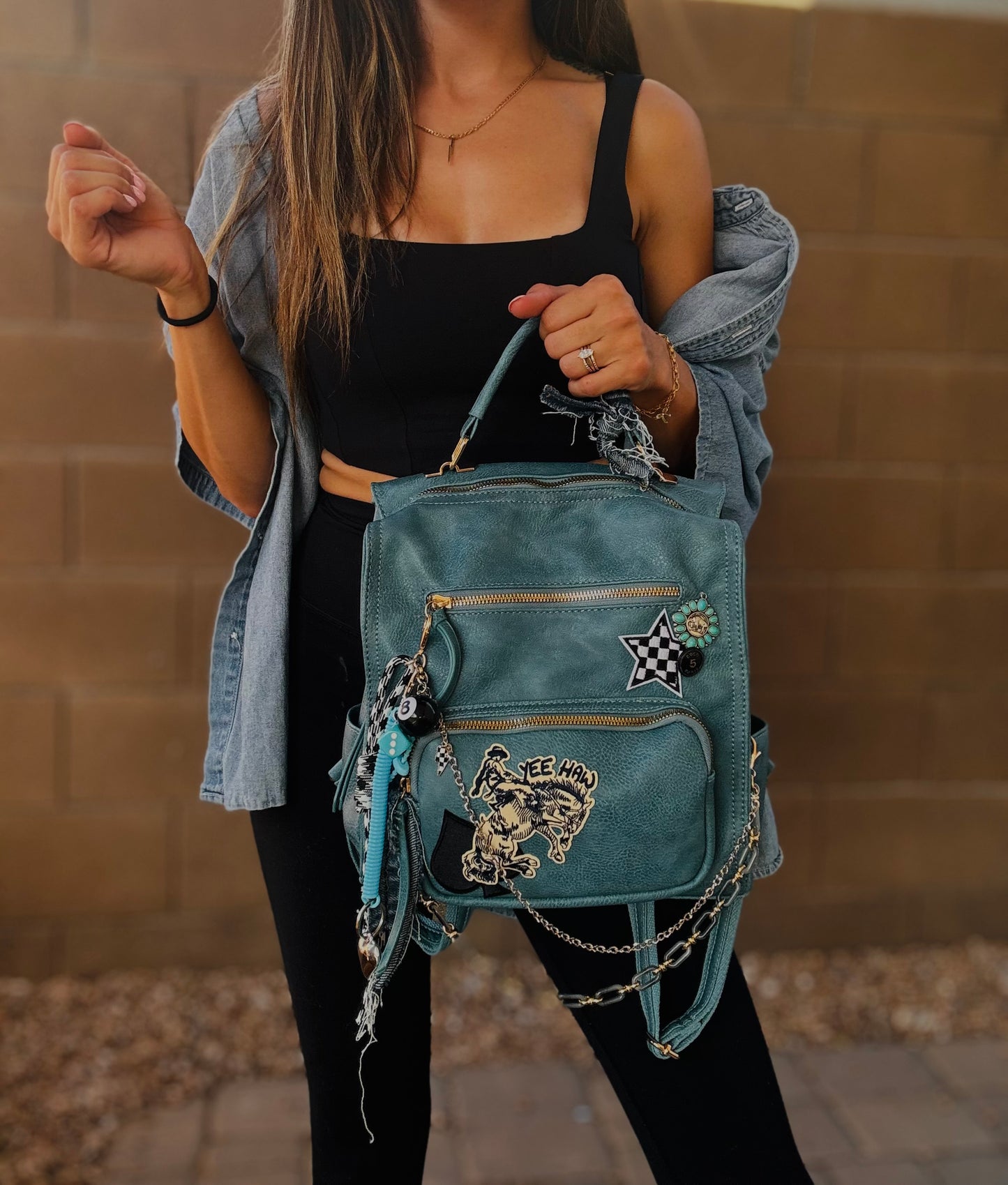 HA- bronco yeehaw upcycled COCO & buffalo coin BUTTONS -steel blue *PAYSON BAG**