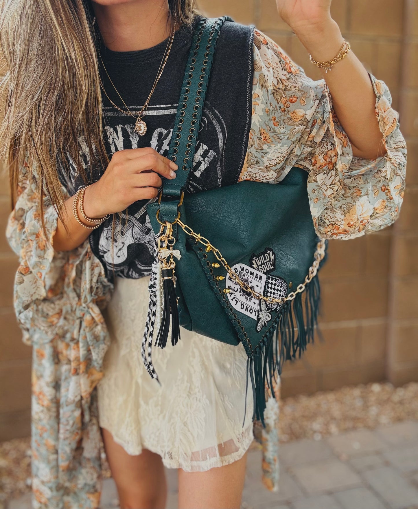 OO-RAD WOMEN WILD SOUL- EMERALD FRINGE crossbody strap included