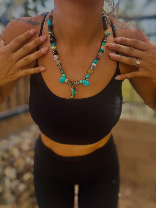 NC- turquoise bass fish +Handmade chunky beaded necklace