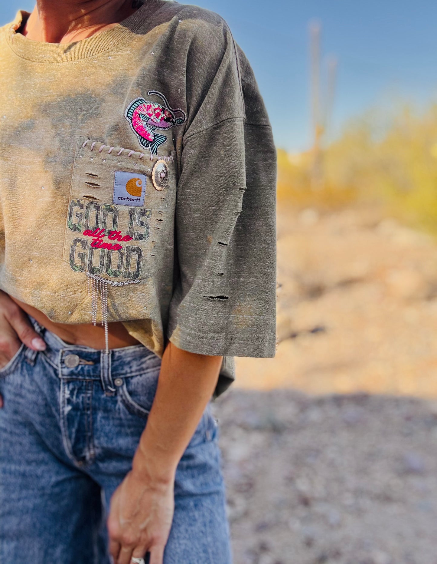 HD-bass fish god is good camo - sage DISTRESSED POCKET SHIRT - MENS LARGE CUT