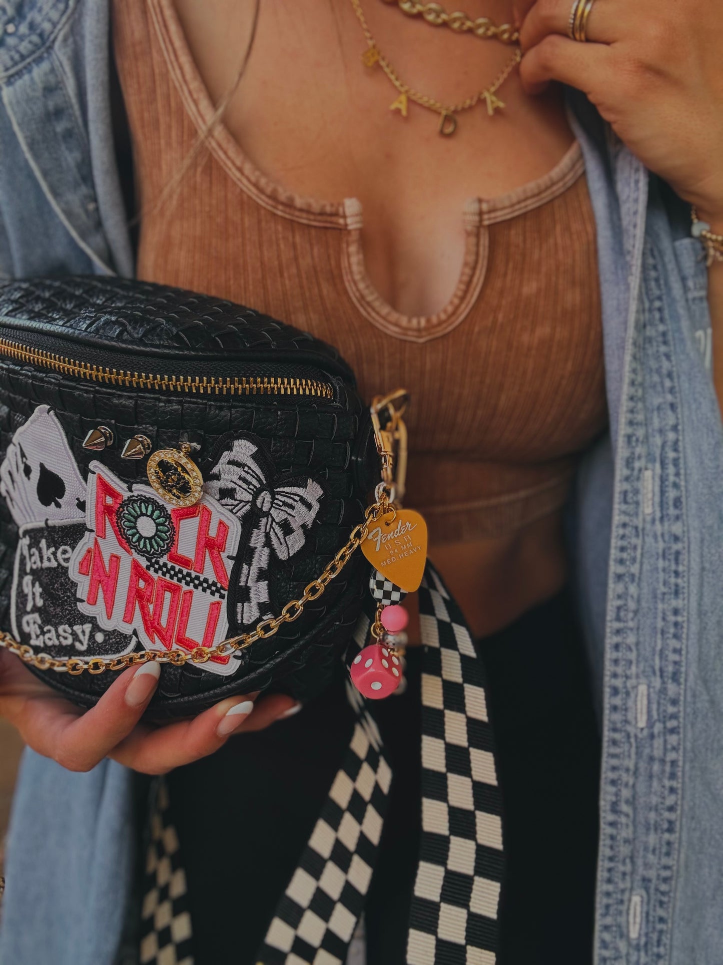 FC-Take it easy+ rock and roll UPCYCLED AUTHENTIC BUTTON + upgraded checkered strap OG+PHOENIX BAG
