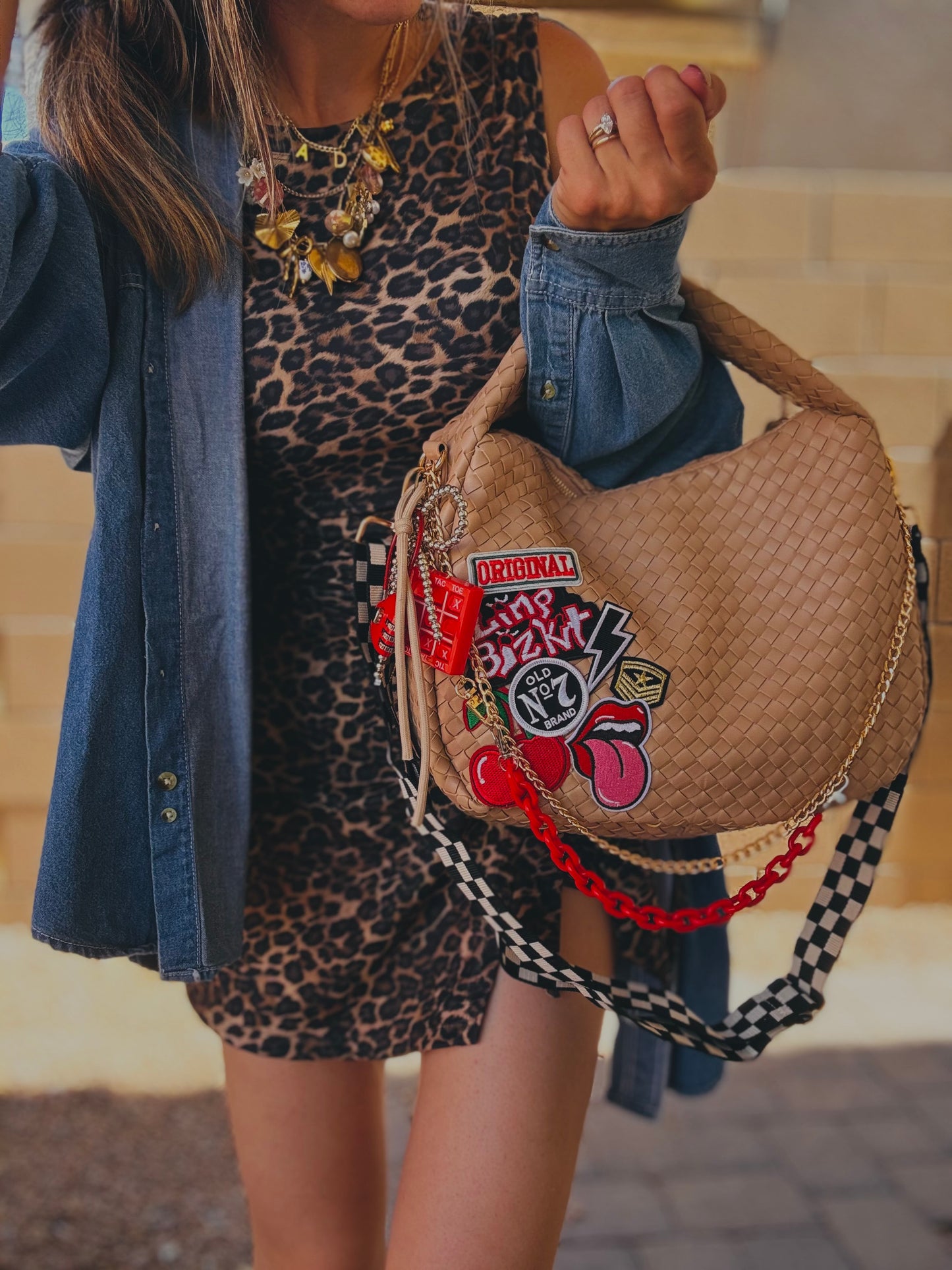 LF- original red band, babe tic-tac-toe + Cream/tan bag*CHANDLER BAG**