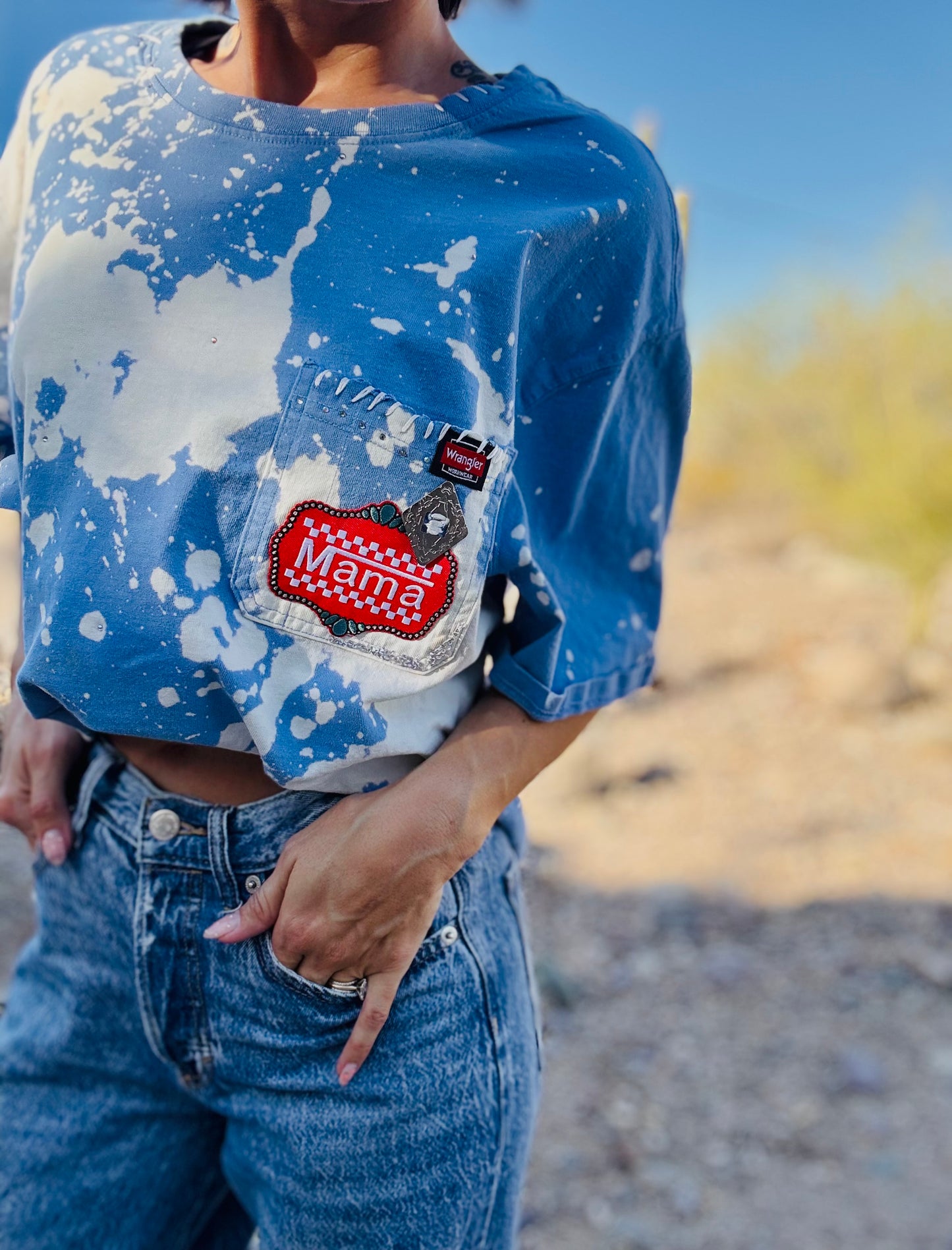 HD-mama blue DISTRESSED POCKET SHIRT - MENS 2XL CUT