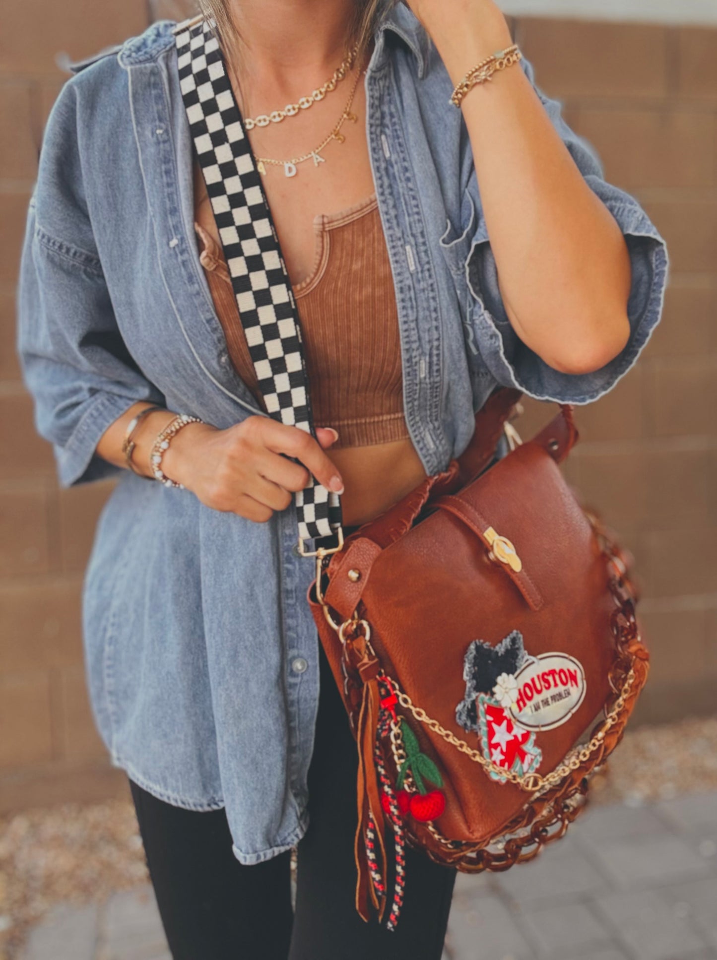 FC-Houston I’m the problem+ UPCYCLED AUTHENTIC BUTTON denim star+ genuine elk Hyde leather braid+deep Carmel  *TOMBSTONE*