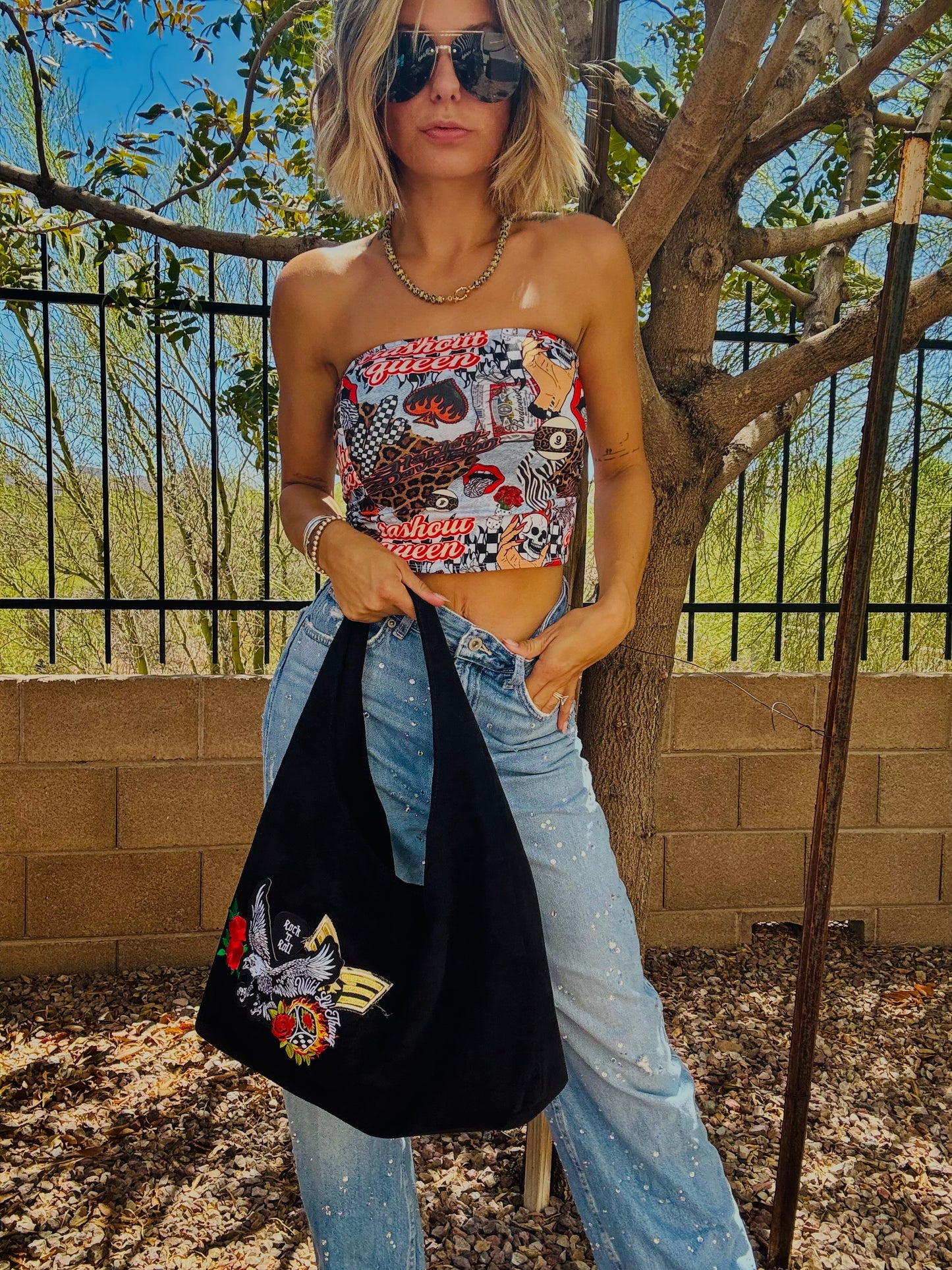 RTS-RED Wild thang eagle - Light vegan suede structured hobo tote