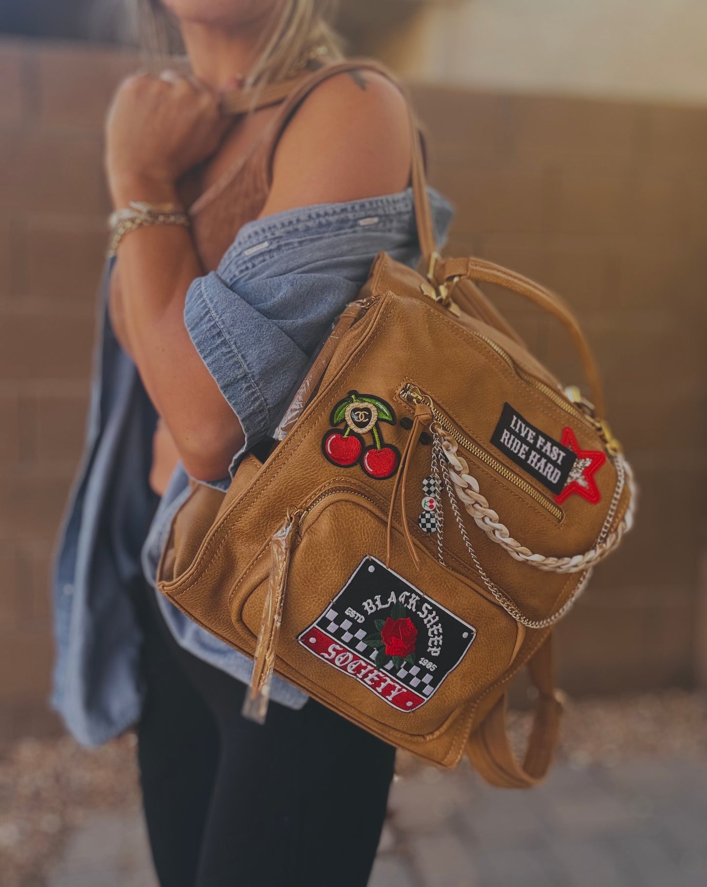 FC-Black sheep society + live fast ride hard + UPCYCLED AUTHENTIC BUTTON*PAYSON BAG**