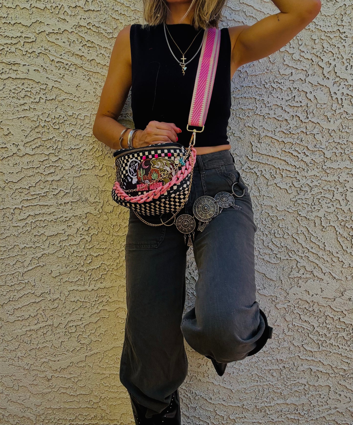 BBBC-neon moon pink bombshell ++ multiple buttons and charms+PHOENIX BAG