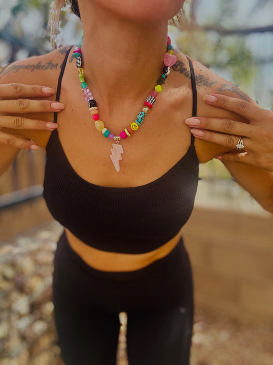 NC- whimsical strawberry quartz Bolt+Handmade chunky beaded necklace