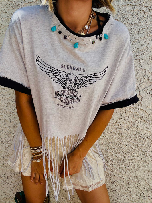 TEE-beaded collar bike babe - DAD TEE MENS MEDIUM handmade fringe