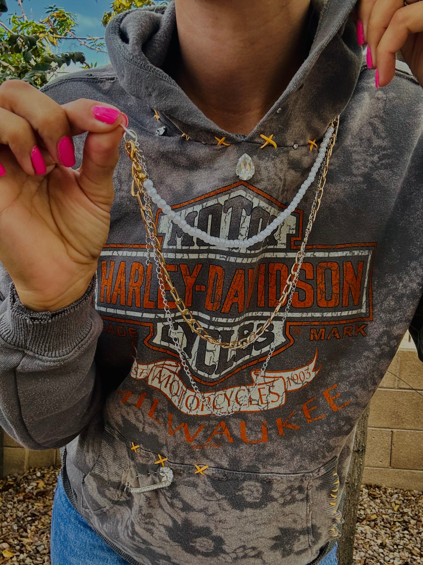 CD- NECKLACE HOODIE ORANGE AND GREY BIKE BABE COLLAGE BABE - lace vintage wash+ WOMENS unisex size SMALL- Cut off bottom band hem