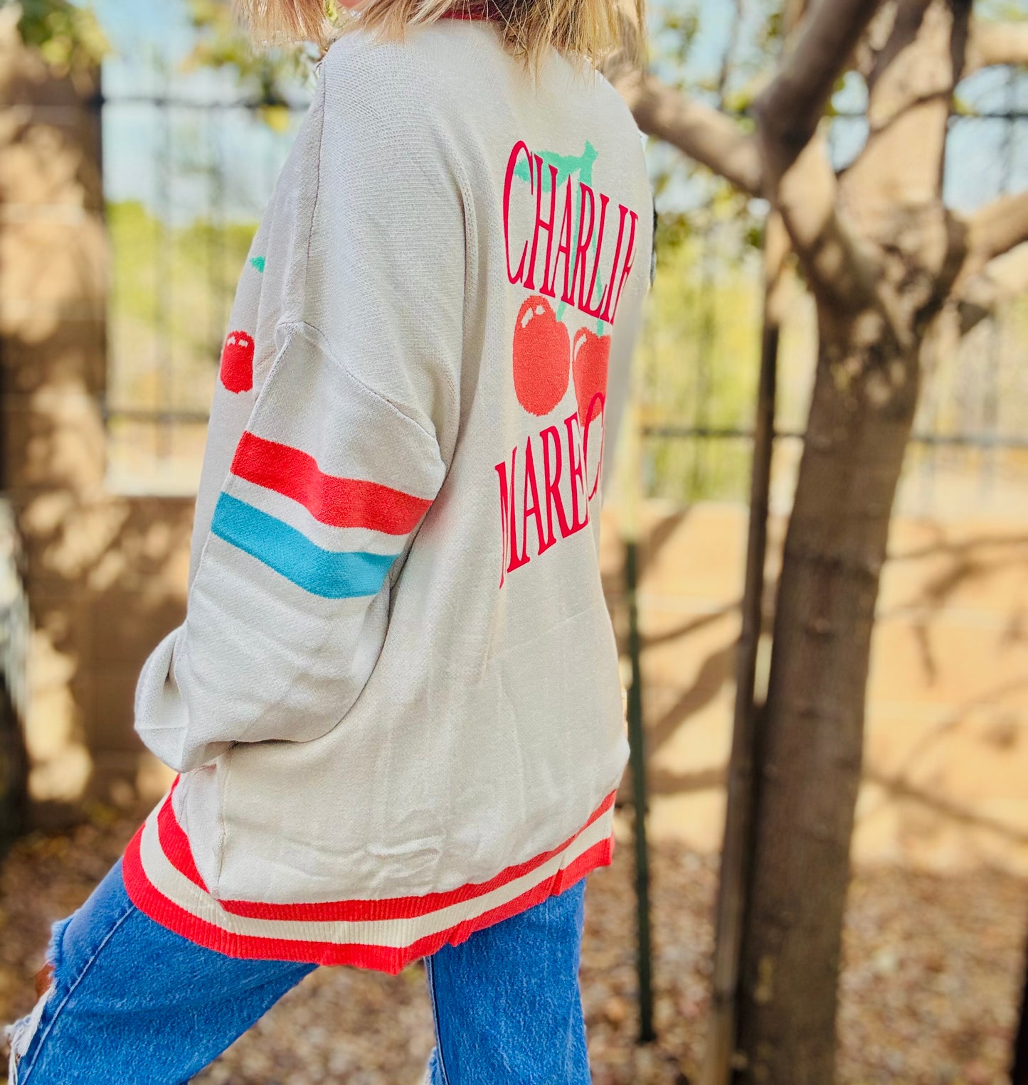 NC-CHERRY BOMBER CARDIGAN + CM CO. cherry letterman +LARGE