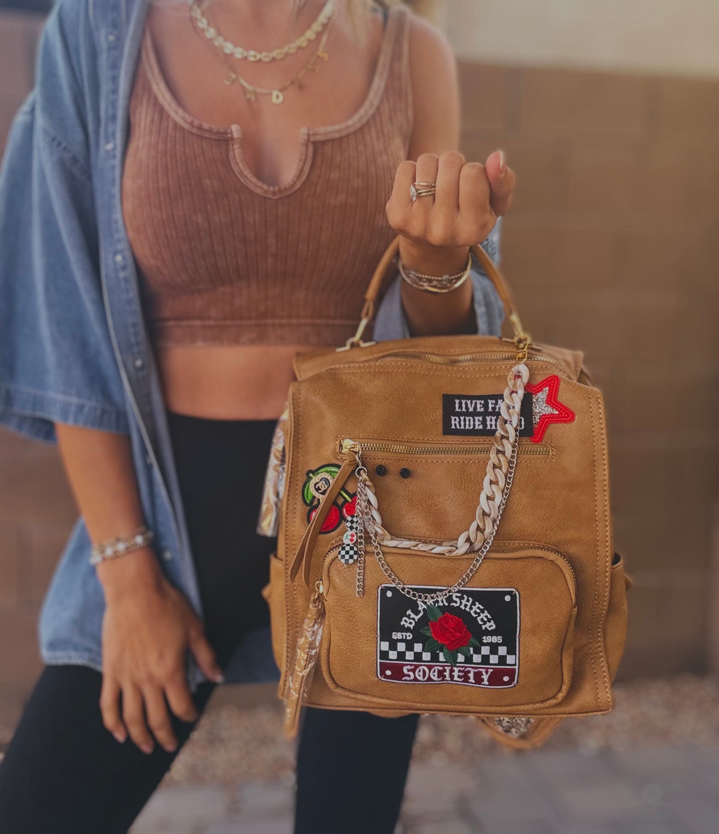 FC-Black sheep society + live fast ride hard + UPCYCLED AUTHENTIC BUTTON*PAYSON BAG**