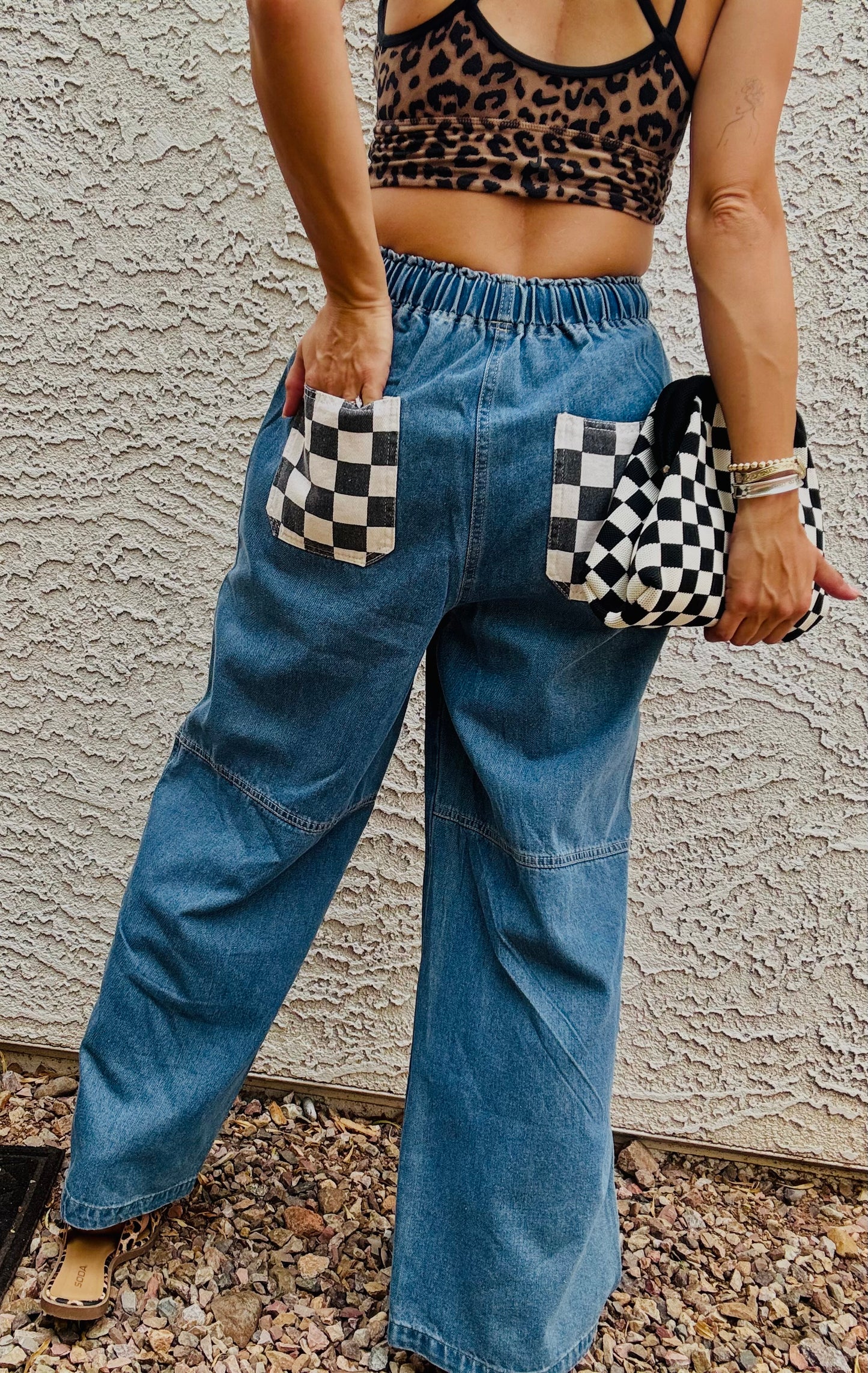 AUG- LUCKY DUCK CAMO REWORK WIDE LEG LIGHT DENIM- SIZE MEDIUM ELASTIC WAIST BAND AND DRAW STRING