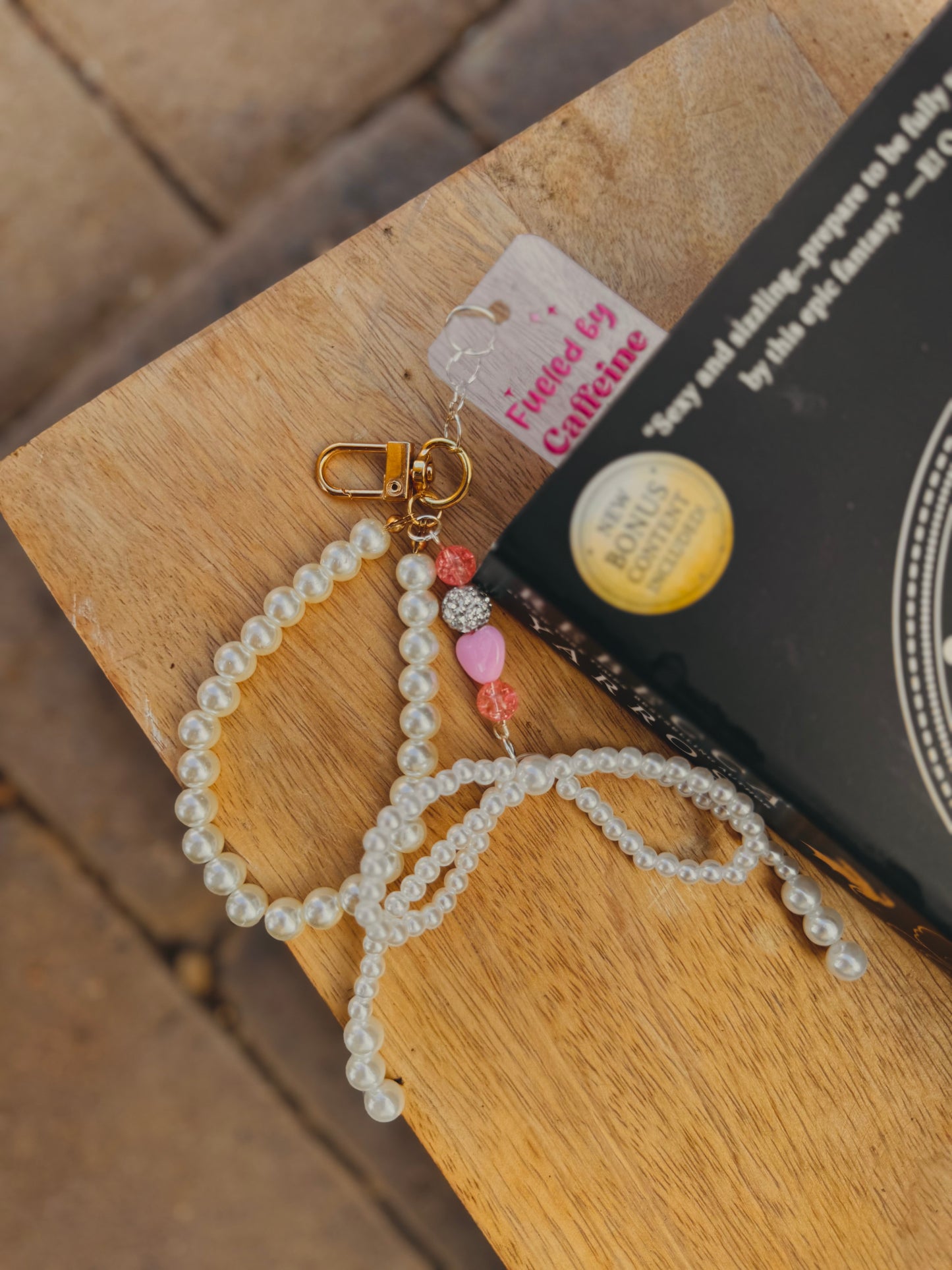 BBC- Pearl bow hand beaded+ fueled by caffeine and smutty books 