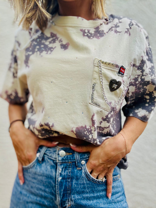 NUM-stitched wranglin concho+ grey with hues of pink+purple Tshirt MEDIUM