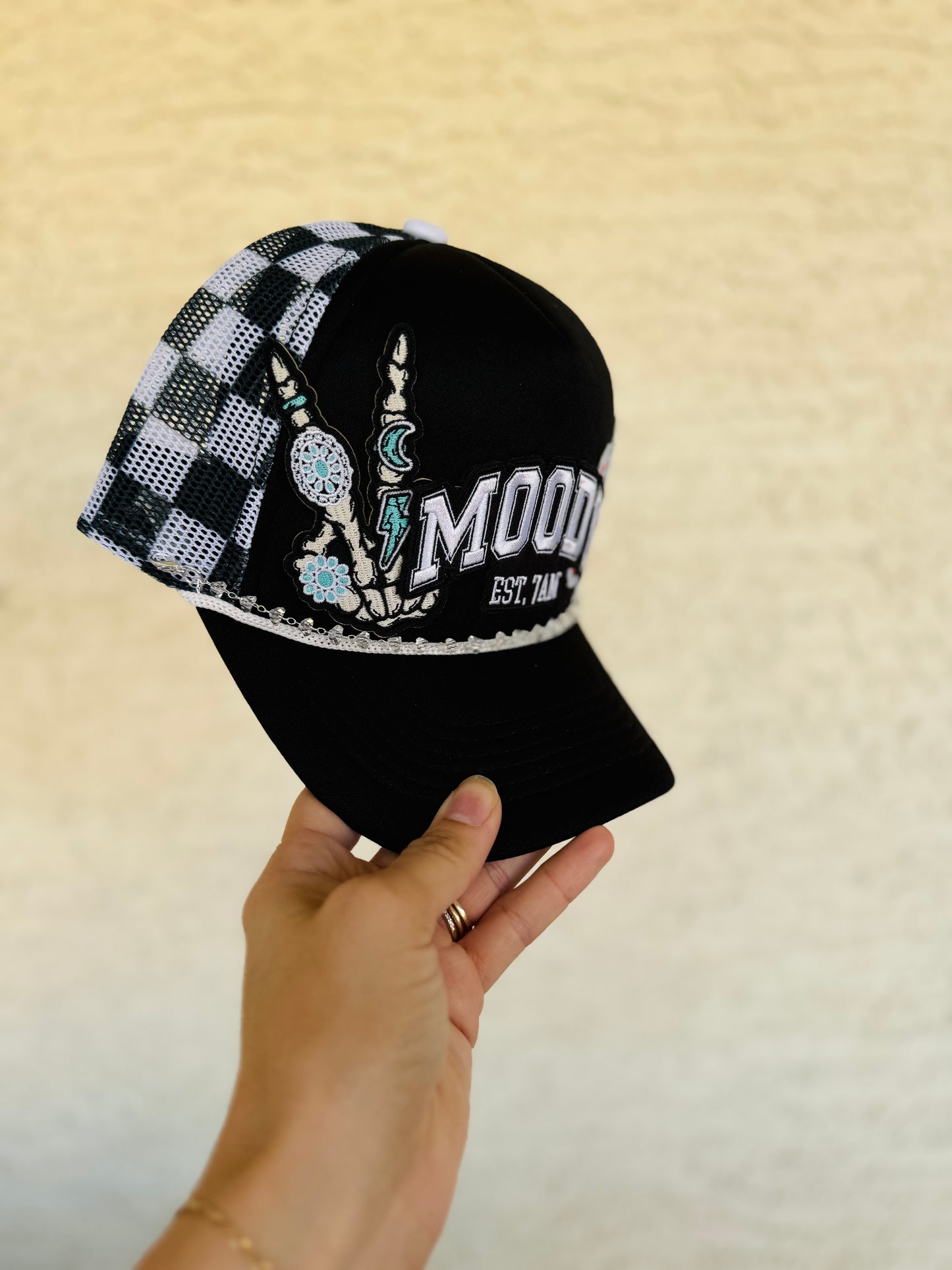 9- moody turquoise ghostie upgraded checkered premium traditional Trucker