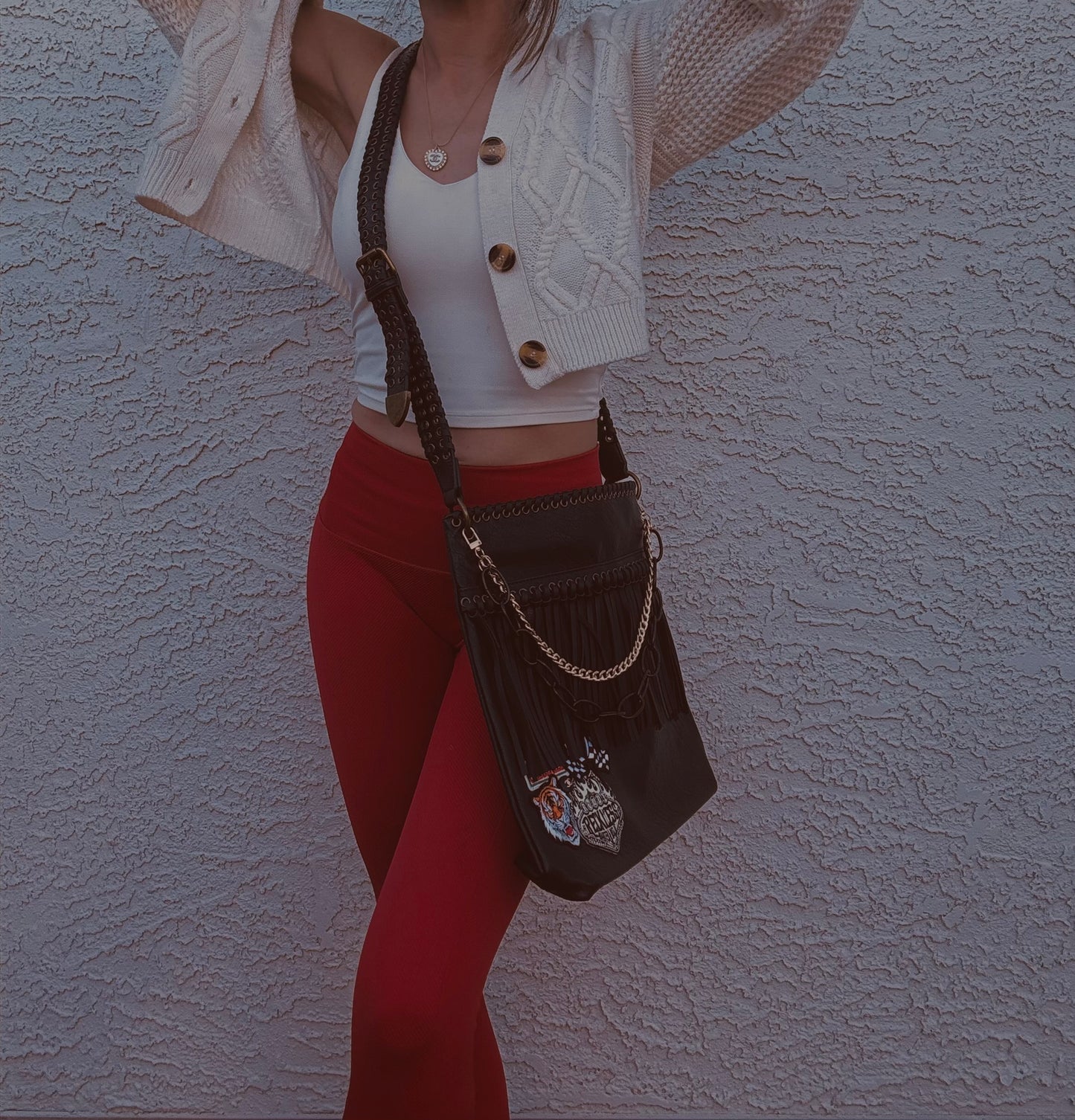 FF- rowdy reckless leave her wild + Authentic upcycled button- FRINGE +buckle CROSSBODY