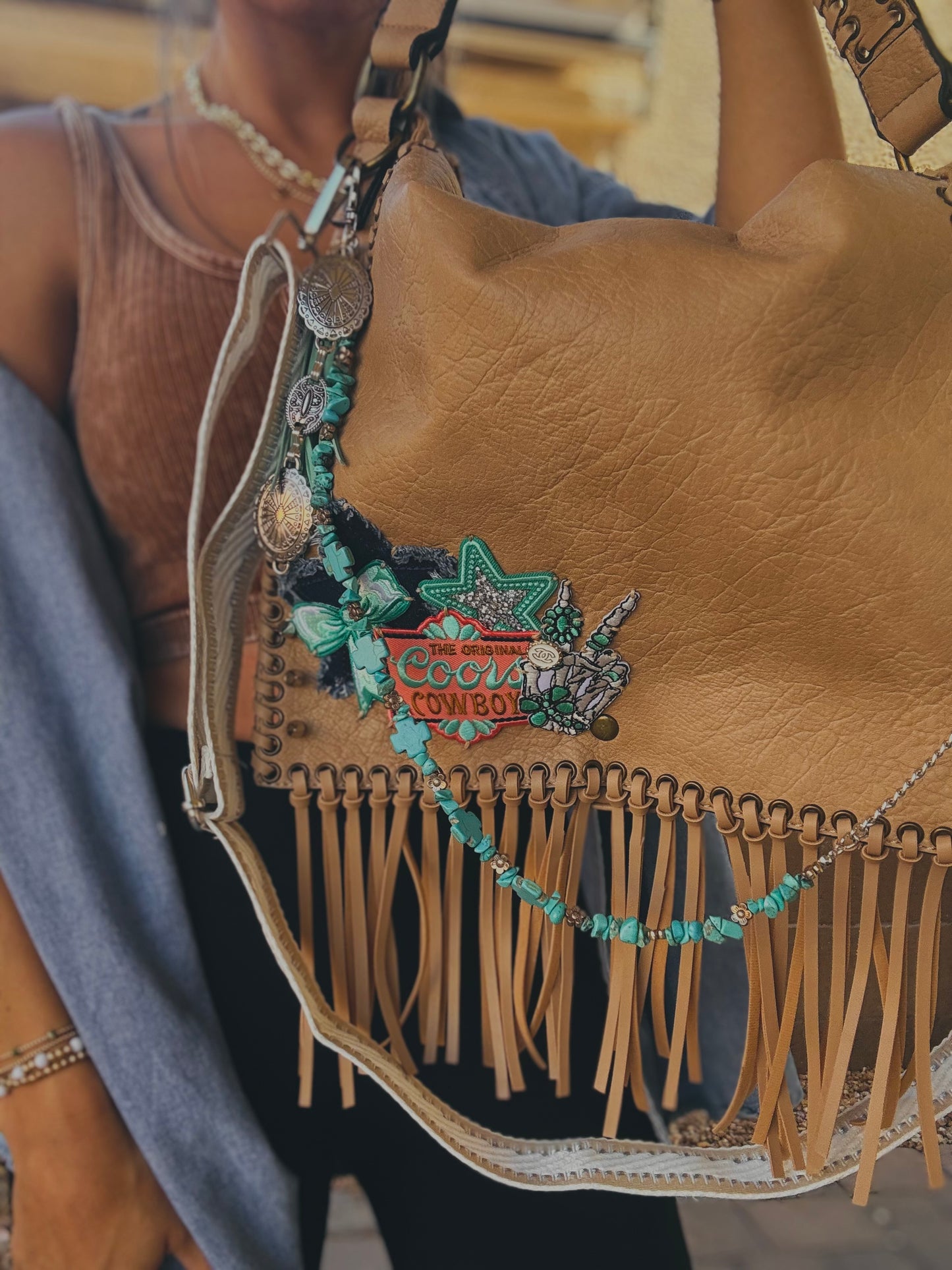 FC-turquoise and denim rodeo babe+ AUTHENTIC UPCYCLED BUTTON- crossbody strap included** The Jerome**