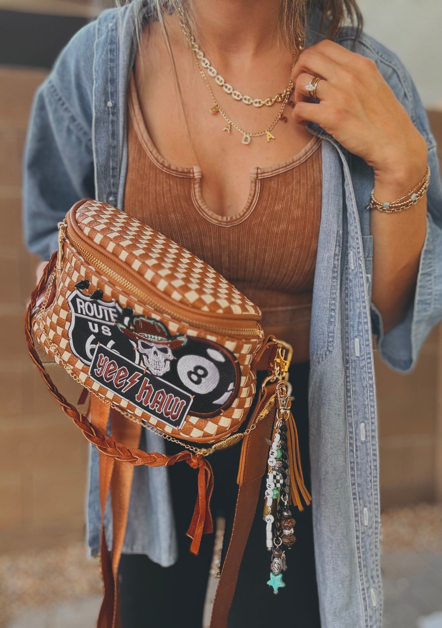 FC-Yeehaw + elk Hyde leather braided bead straps+ handmade charms OG+PHOENIX BAG