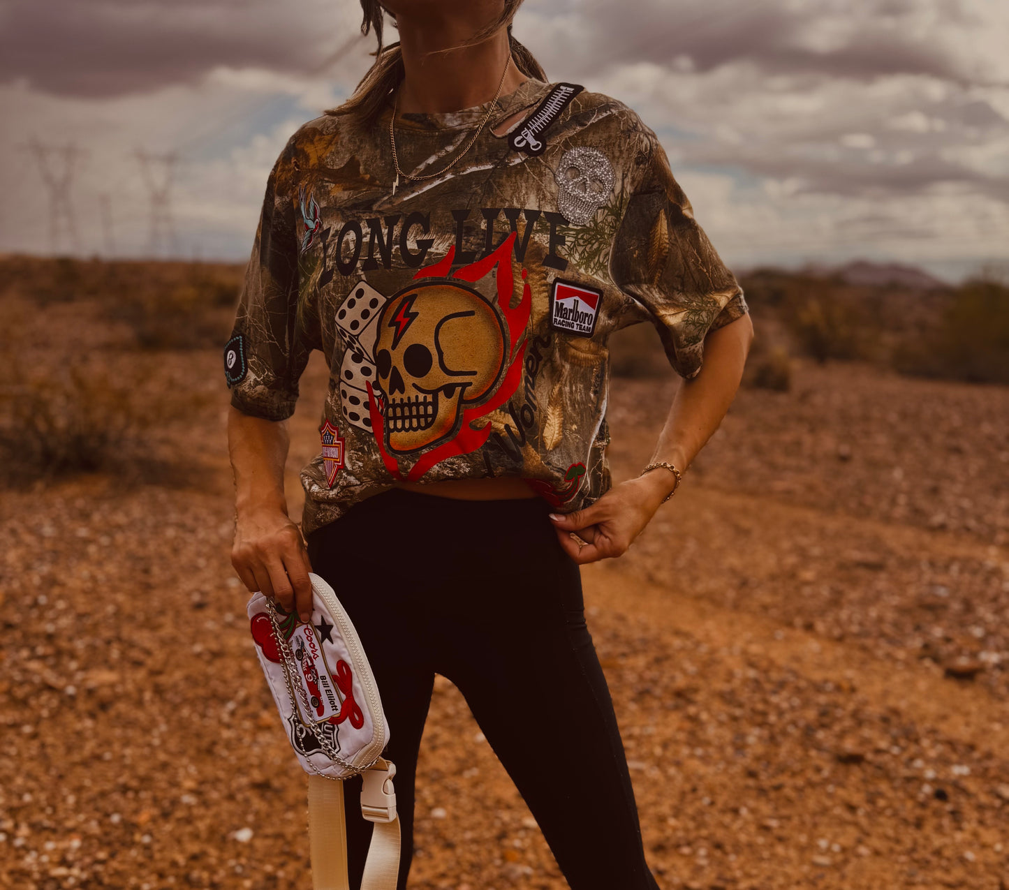 VT- LONG LIVE RAD WOMEN rhinestone skull bike babe patches - REALTREE CAMO TSHIRT