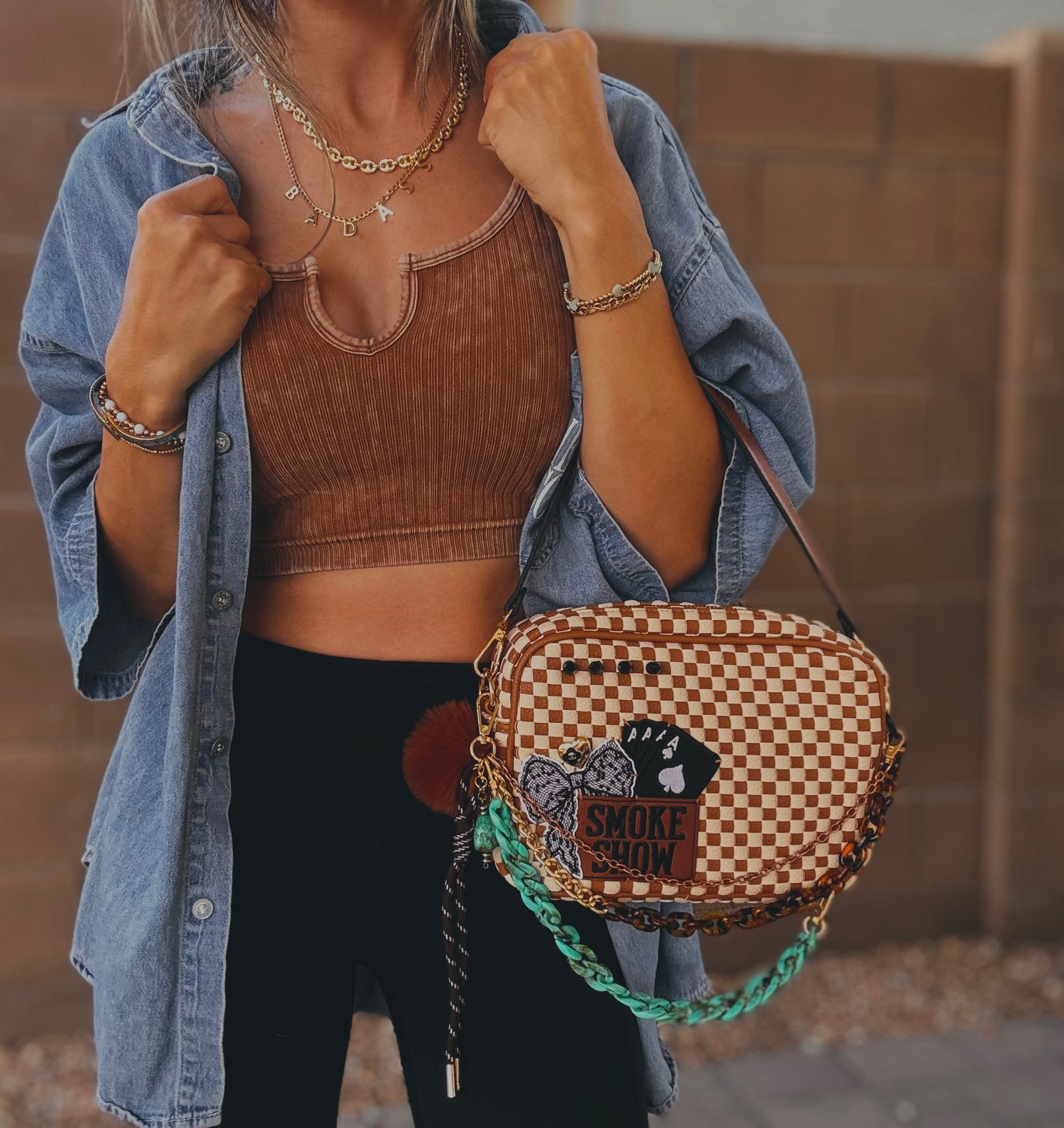 FC-Smoke show UPCYCLED AUTHENTIC BUTTON-tan checkered OG *Page Bag* Dual straps