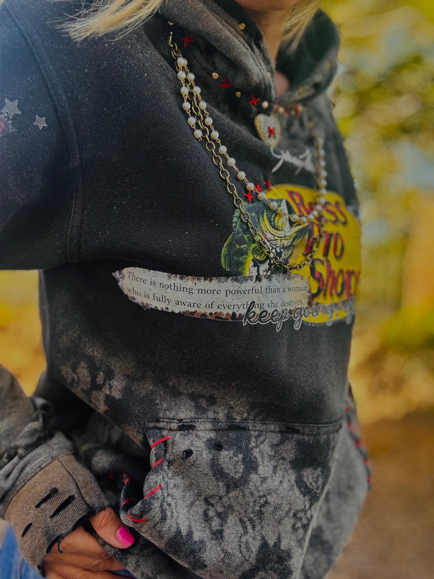 CD- NECKLACE HOODIE Edgy band babe - lace vintage wash+ Men’s unisex size XS runs big like a S/M     - Cut off bottom band hem